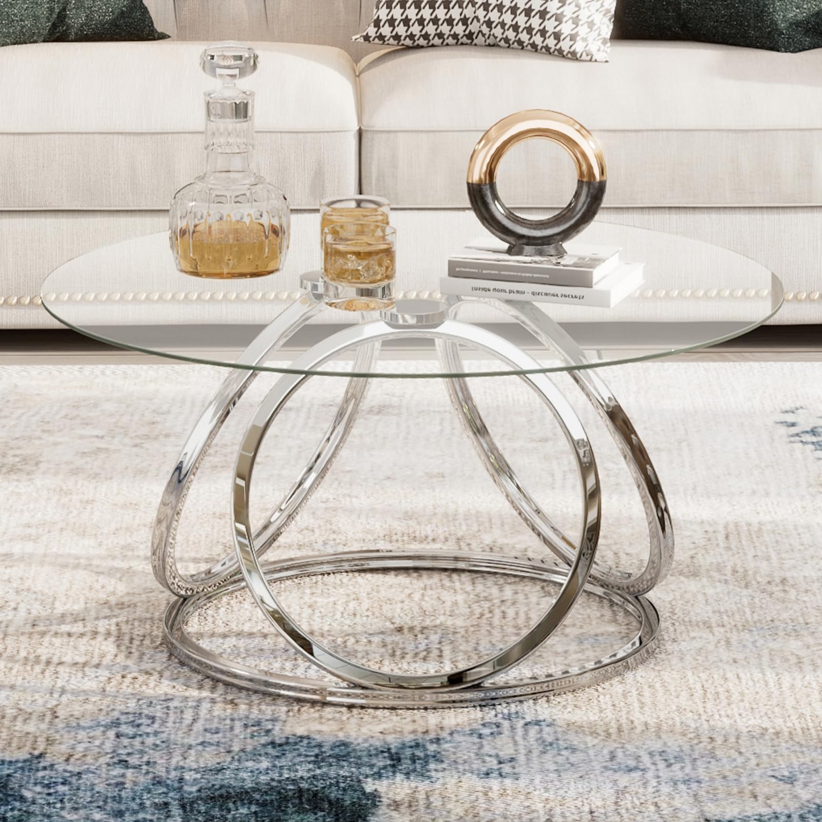 Modern Silver Glass Coffee Table with Ring-Shaped Chrome Frames - Stylish Living Room & Office Center Table - Durable Tempered Glass Top for Home Decor - Perfect for Entertaining Guests or Relaxing with Coffee