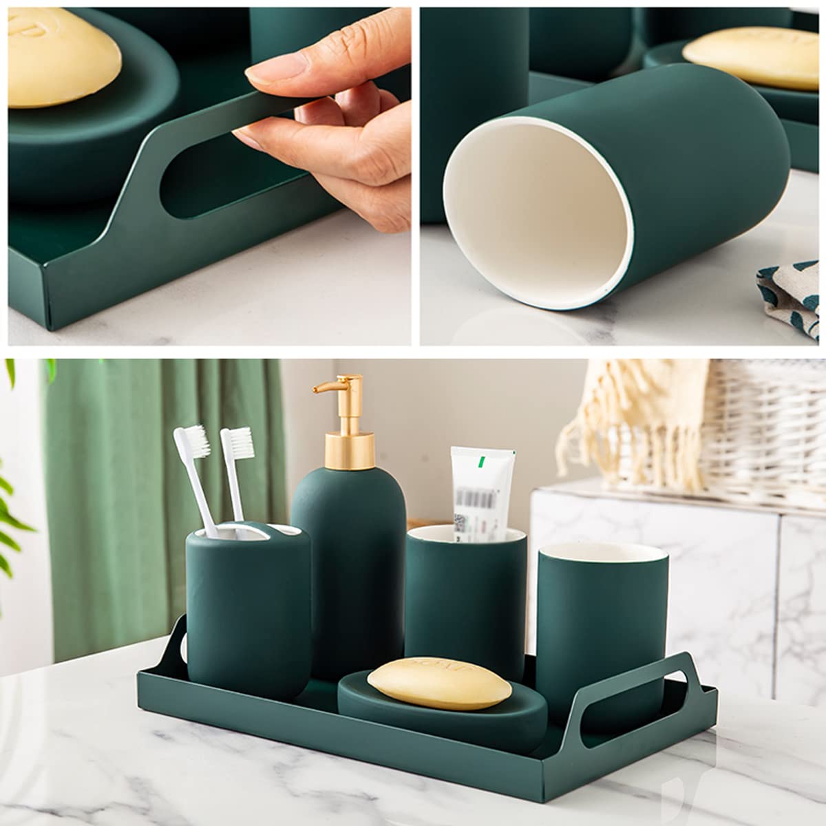 Shisipq 5-Piece Ceramic Bathroom Accessories Set - Soap Dish, Toothbrush Holder, 2 Toothbrush Cups & Lotion Bottle | Modern Bathroom Countertop Organizer for Home Decor & Housewarming Gifts