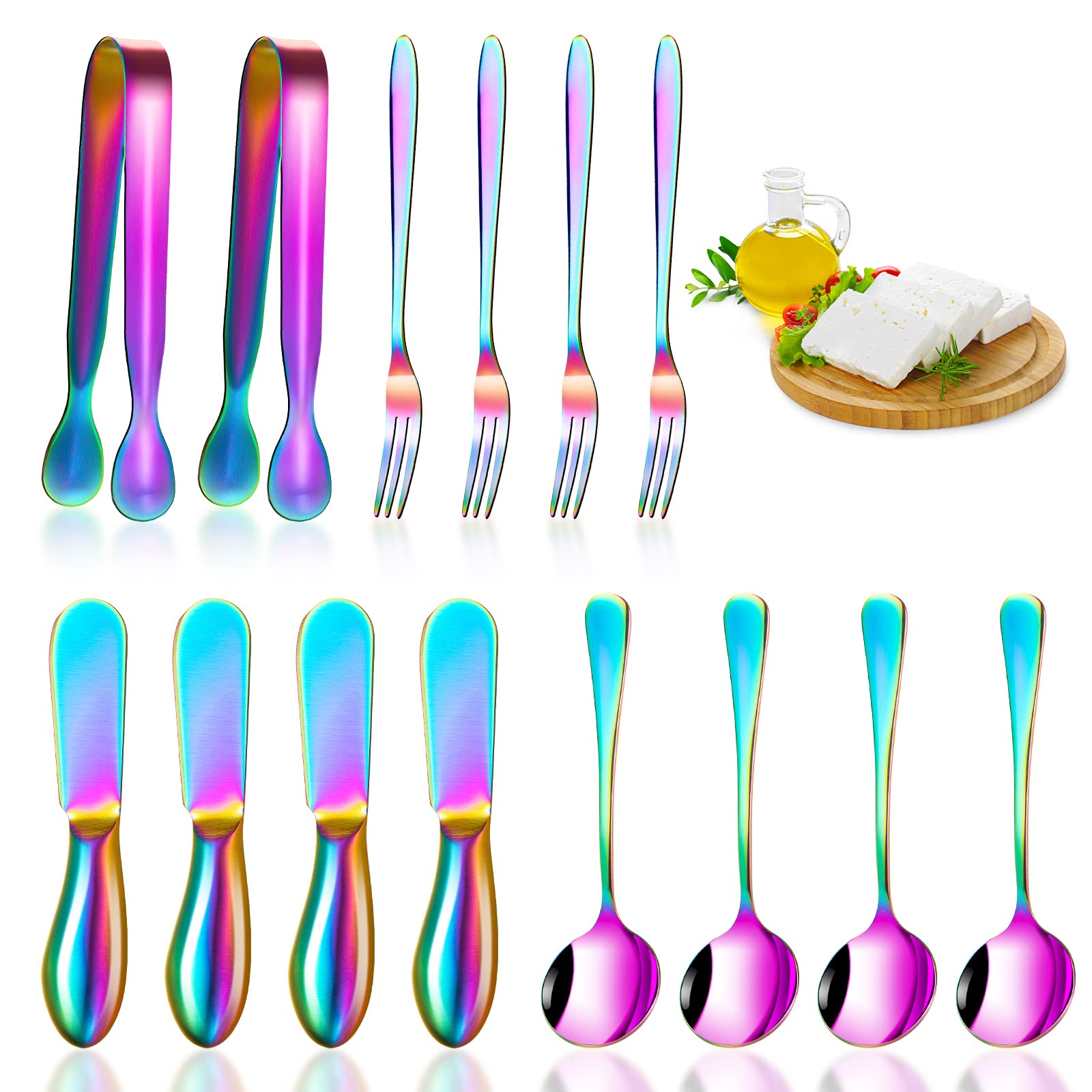 14-Piece Stainless Steel Charcuterie Board Set - Cheese Knives, Spreaders, Mini Tongs, Spoons & Forks for Cheese, Charcuterie & Pastry Serving - Colorful Kitchen Utensils for Parties, Picnics & Entertaining