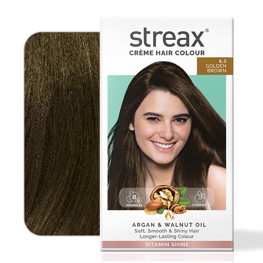Streax Permanent Hair Color Cream - 100% Gray Coverage with Argan & Walnut Oil - Long Lasting Brown Hair Dye for Women - 4.3 Golden Brown (120ml, 1 Pack) - Perfect for At-Home Hair Coloring & Salon-Quality Results