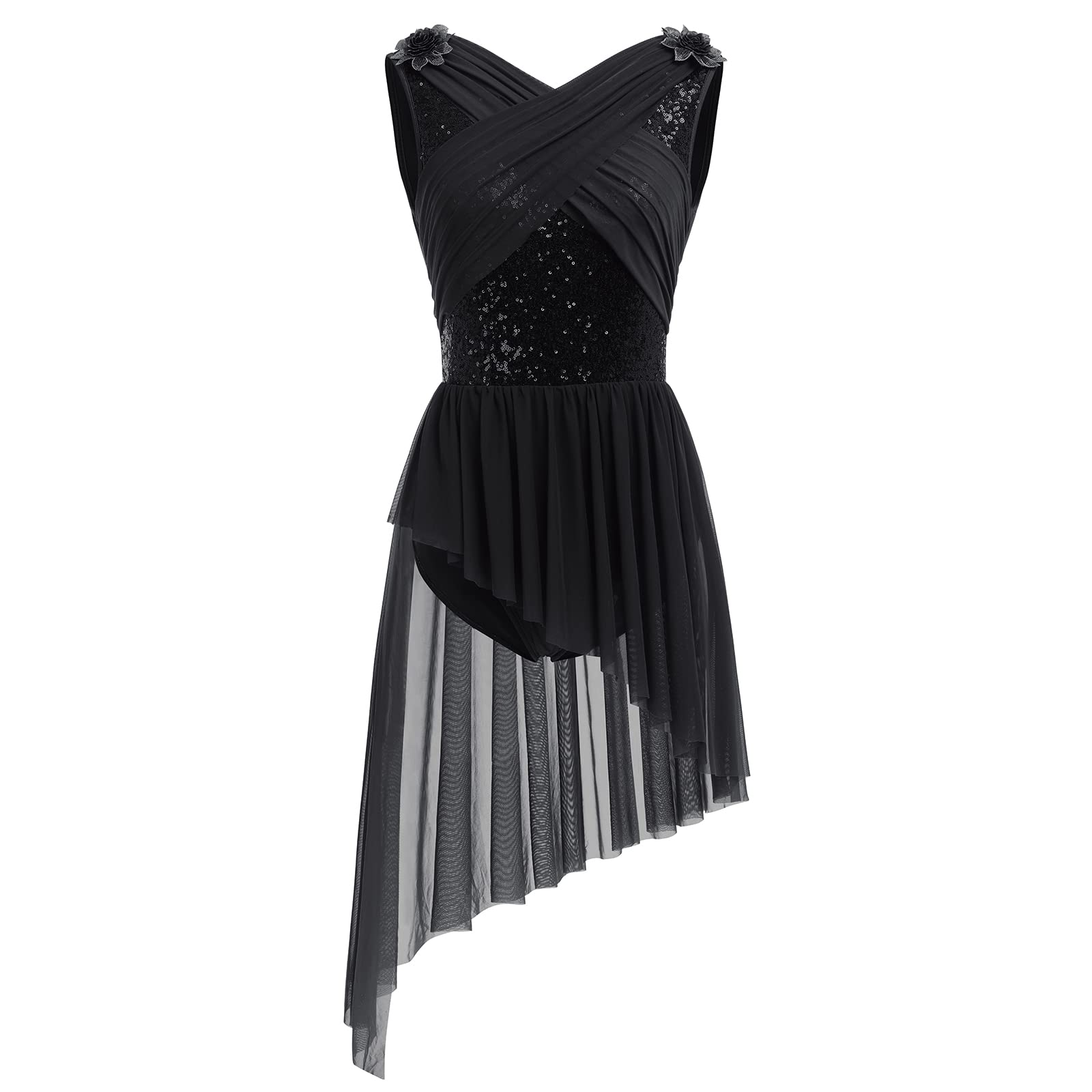 AFAVOM Women's Lyrical Dance Costume - Sparkling Sequin Flower Asymmetrical Tulle Dress for Contemporary Ballet & Stage Performances | Elegant Flowy Skirt for Dance Recitals, Competitions & Theatrical Shows