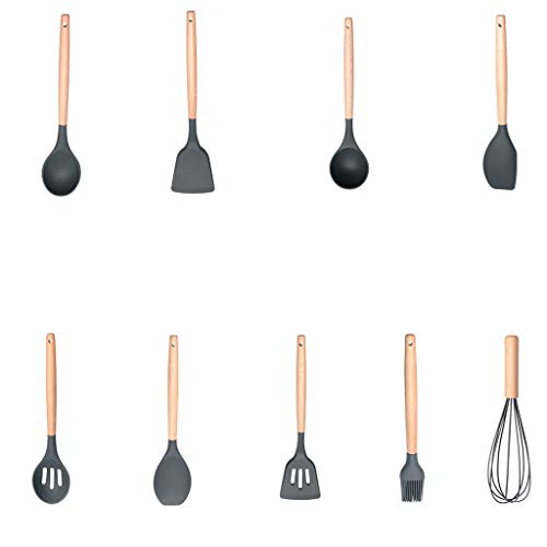 Heat Resistant Wooden Handle Spatula Set - Non-Stick Kitchen Utensils with Soup Spoon, Skimmer, Egg Beater & Oil Brush for Cooking, Baking & Frying - Perfect for Home Kitchen & Restaurant Use (Style 8)