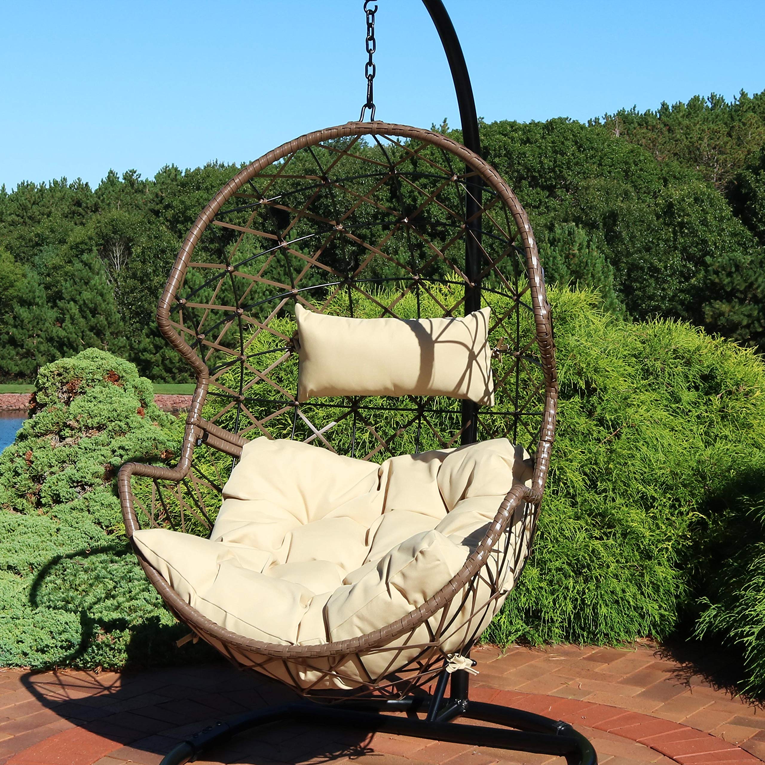 Sunnydaze Lorelei Hanging Egg Chair - Outdoor Patio Swing Chair with Beige Cushion, Boho Style Resin Wicker Basket Design - Perfect for Porch, Deck, Balcony, Garden & Backyard Relaxation