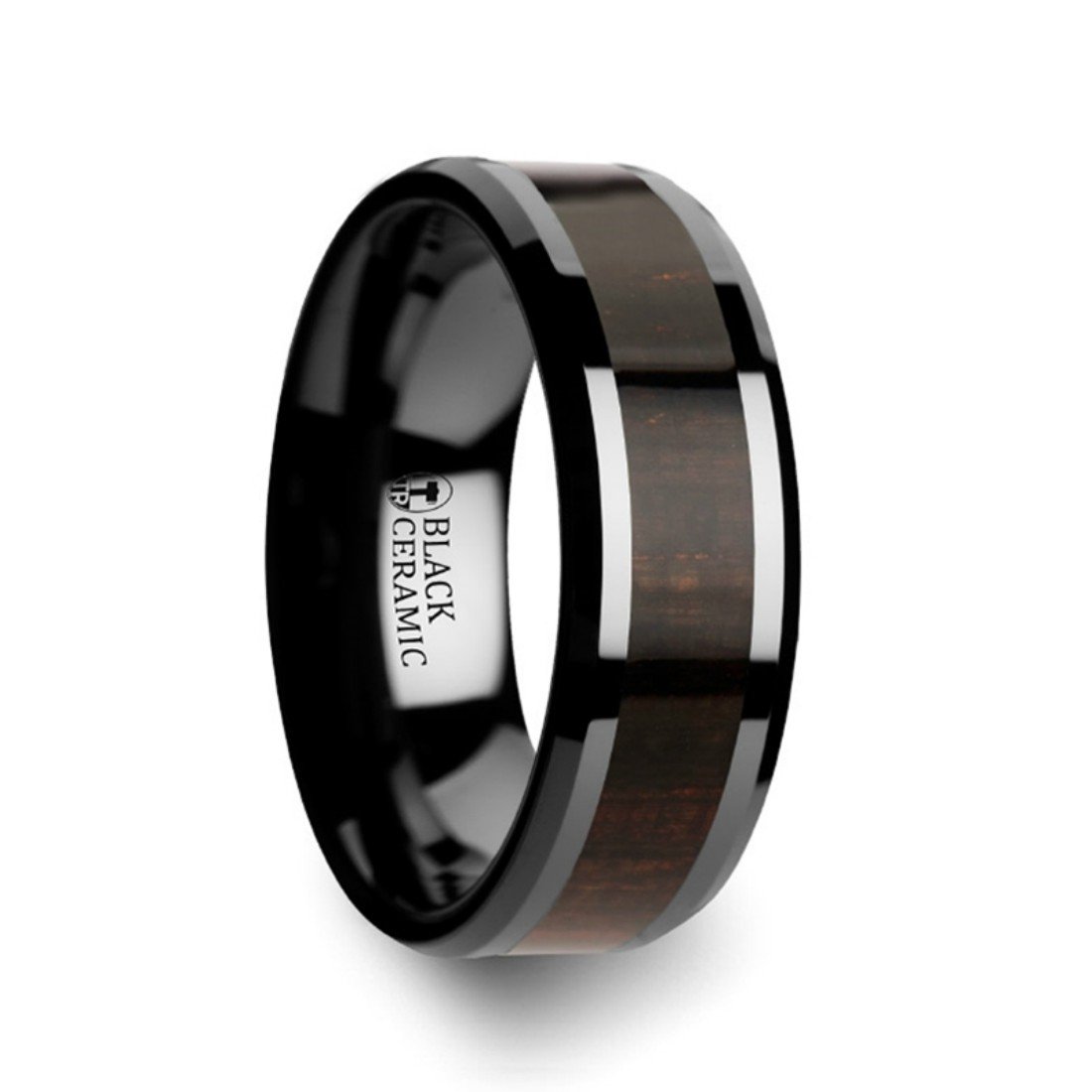 UMBRA Black Ebony Wood Inlaid Black Ceramic Ring - 8mm Wide Beveled Edge Wedding Band for Men & Women - Perfect for Anniversaries, Engagements and Everyday Wear