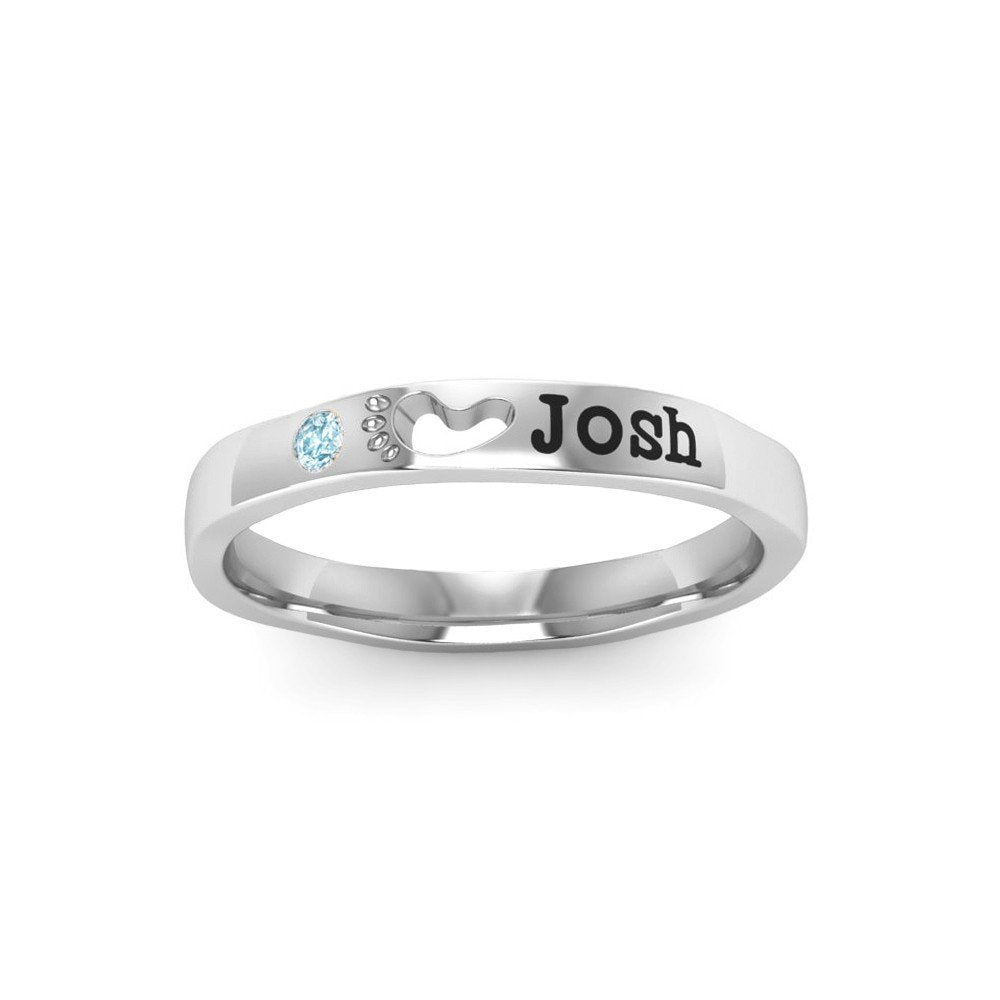 Personalized Birthstone Stacking Ring with Custom Name - Foot Prints TP003 - Perfect for Gifts, Anniversaries, and Everyday Wear