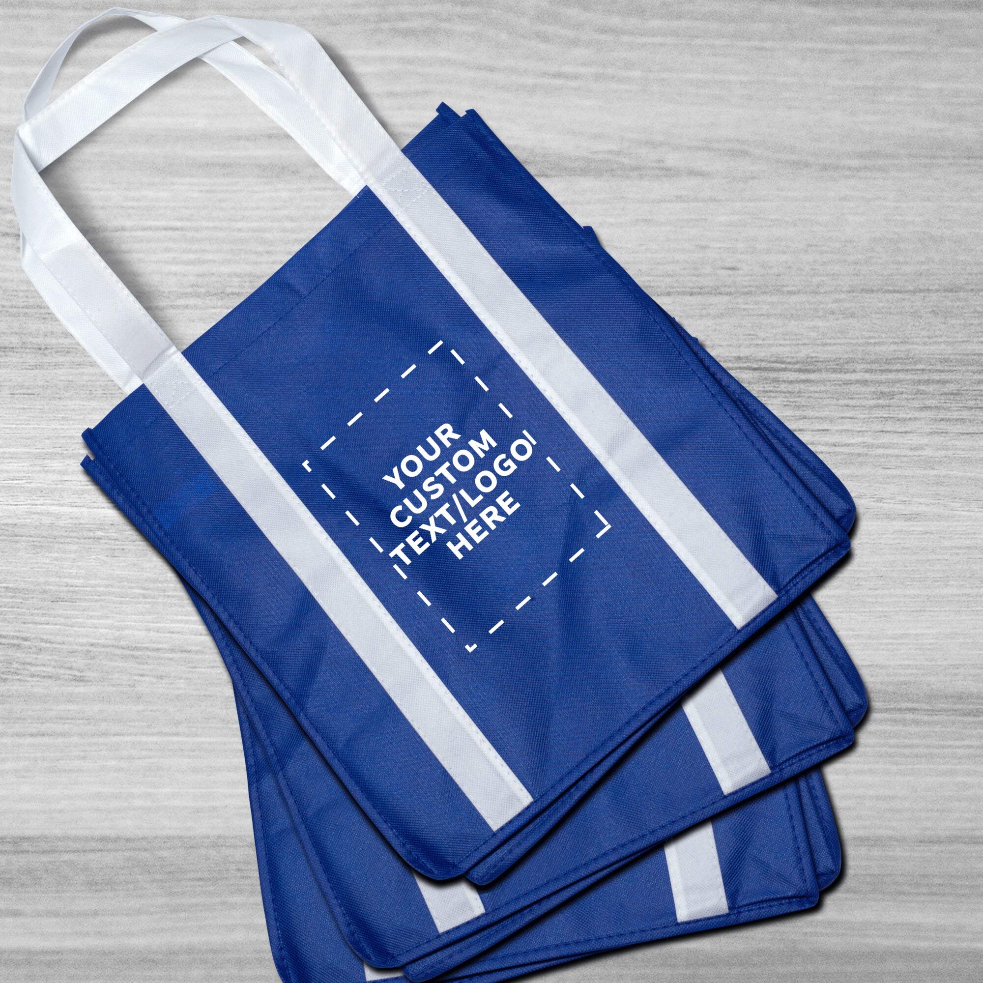 Custom Non-Woven Reusable Shopping Tote Bags - Bulk Pack of 50 Personalized Grocery Bags - Eco-Friendly Beach, Picnic & Wedding Favors (Blue & White) - Perfect for Retail Promotions, Events & Sustainable Shopping