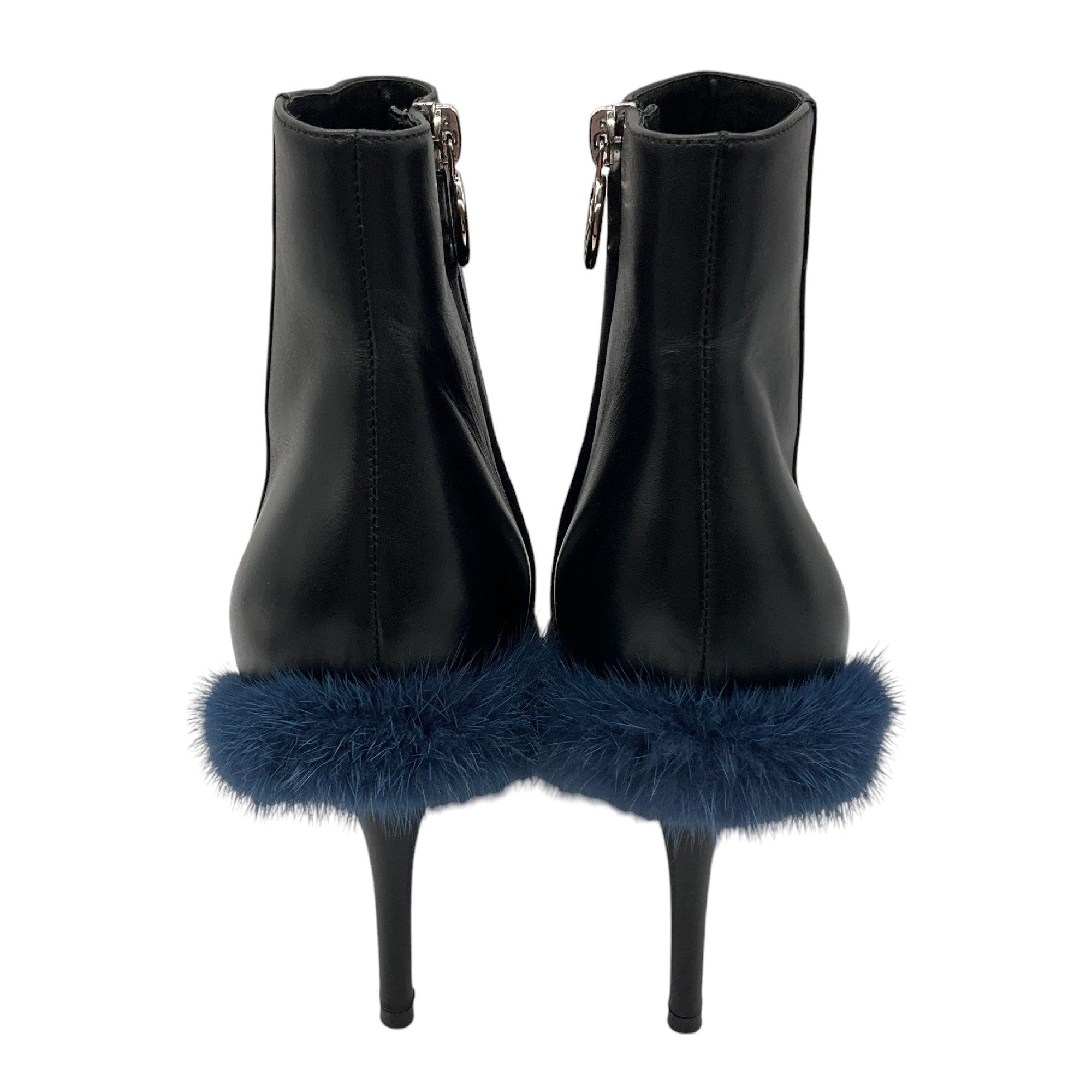 Fendi Black & Blue Fur Trimmed Leather Heeled Boots for Women - Stylish Winter Fashion & Party Wear