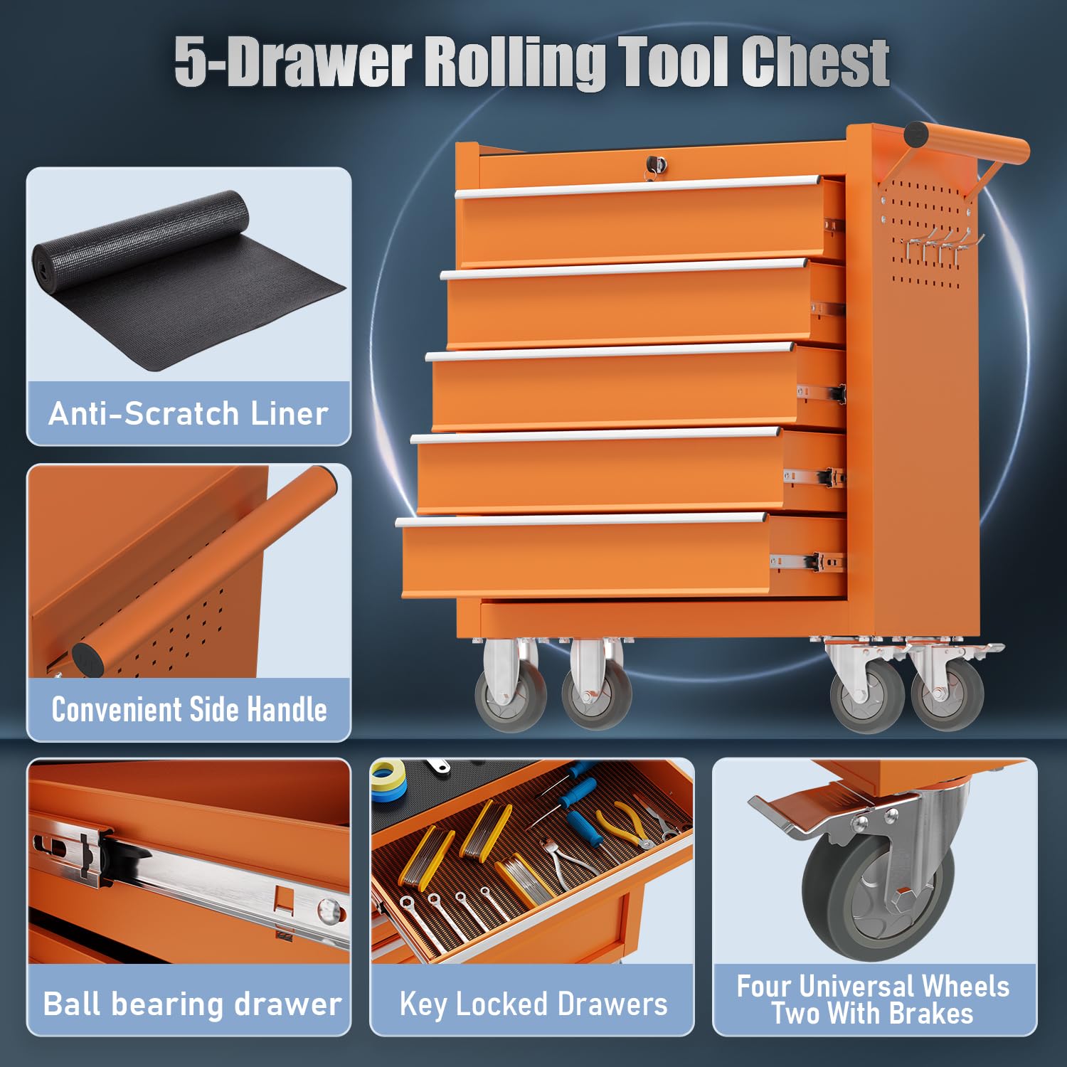 5-Drawer Rolling Tool Chest - Heavy Duty Metal Tool Storage Organizer Cart with Locking System & 4 Swivel Wheels | Multifunctional Mechanic Tool Cart for Garage, Workshop, Auto Repair | Durable Orange Tool Chest for Professional Mechanics & DIY Enthusiasts | Perfect for Organizing Wrenches, Screwdrivers & Power Tools