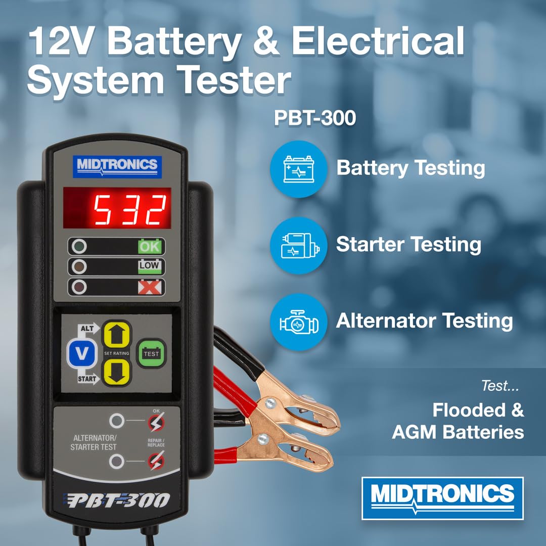 Midtronics PBT-300 12V Advanced Automotive Battery Tester - 100-1400 CCA Load Tester for Cranking & Charging Systems | Conductance Testing & Service Diagnostics | Perfect for Mechanics & DIY Car Maintenance