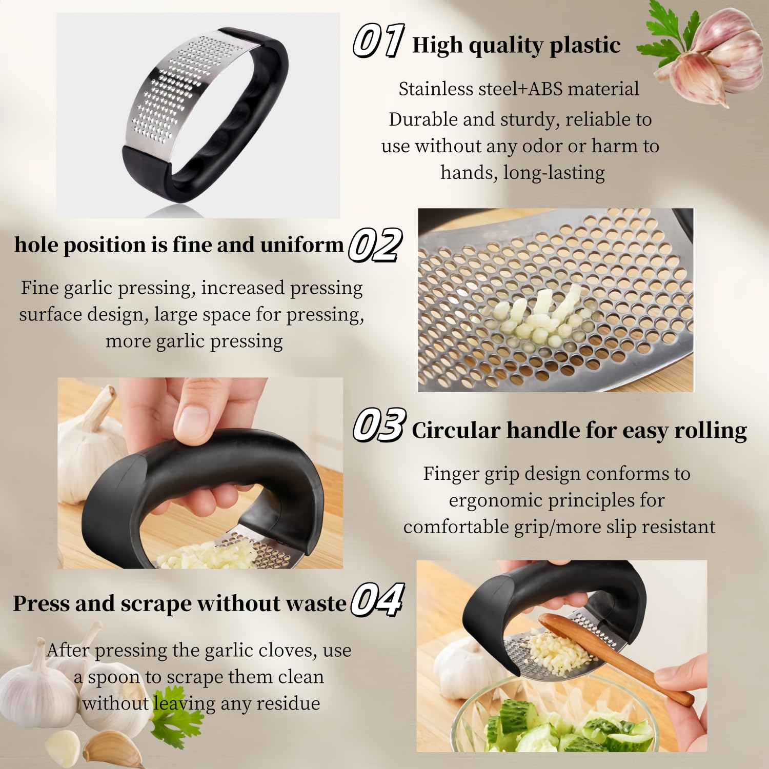 Premium 304 Stainless Steel Garlic Press Rocker - Heavy Duty Garlic Crusher & Mincer for Effortless Peeling - Perfect for Kitchen, Cooking, and Meal Prep