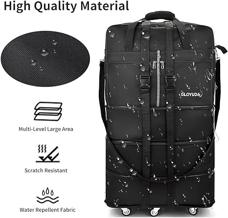 Expandable Foldable 36'' Spinner Wheel Luggage - Rolling Duffel Travel Bag with Collapsible Design, 2 Handle Wraps & 2 Fixing Straps, Shoulder Strap (Black) - Perfect for Air Travel, Business Trips & Vacation Packing