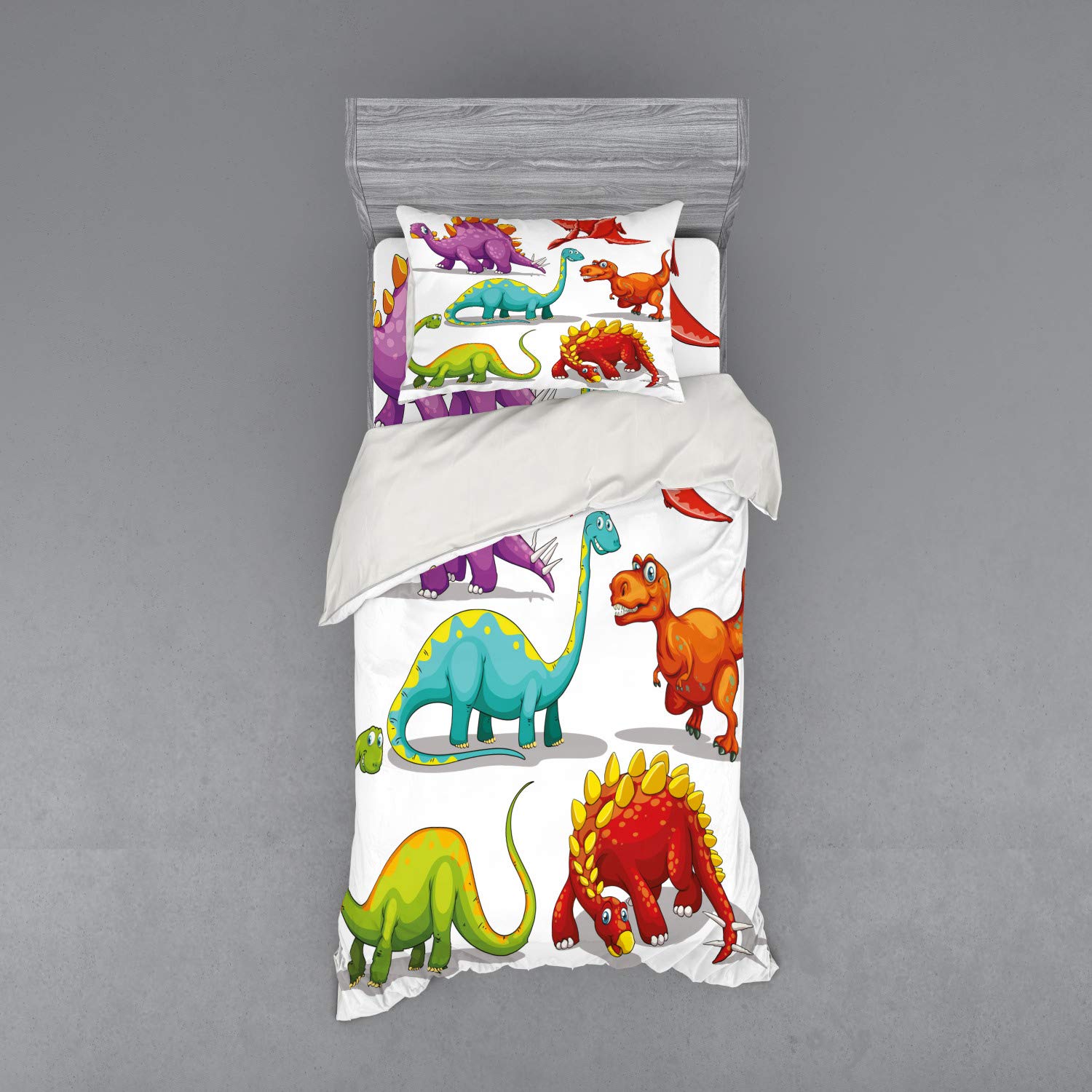 Ambesonne Dinosaur Duvet Cover Set - Colorful Funny Dinosaur Themed 3-Piece Bedding Set with Pillow Sham & Fitted Sheet, Twin Size, Multicolor - Perfect for Kids' Room Decor, Dinosaur Lovers, and Jurassic Themed Bedrooms