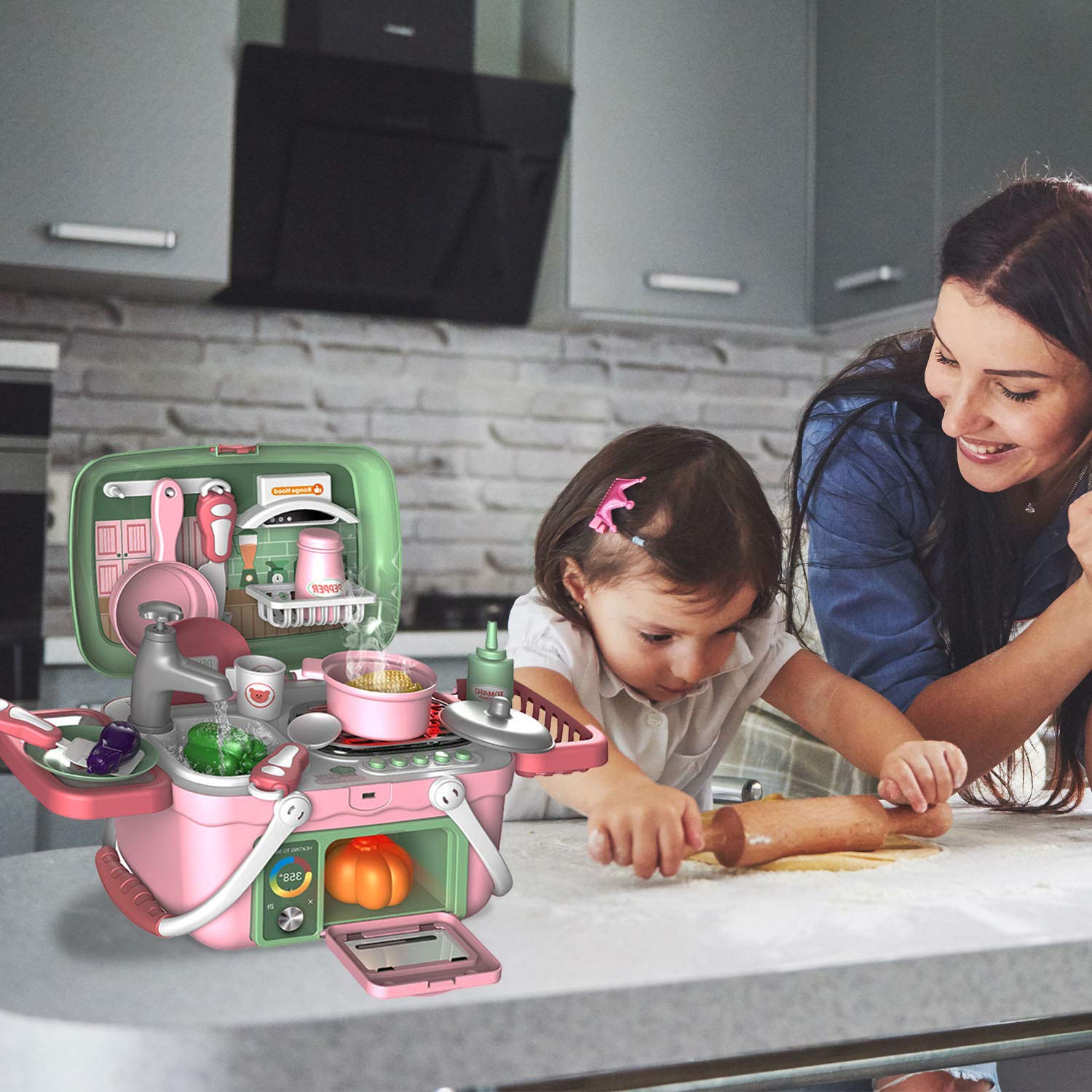 Shape28 Kids Pretend Play Kitchen Set with Sink, Faucet & Running Water - Interactive Toy Kitchen with Lights, Sounds & Cold Steam - Includes Pretend Food & Cooking Spray - Perfect for Imaginative Play & Role-Playing Games for Toddlers & Preschoolers
