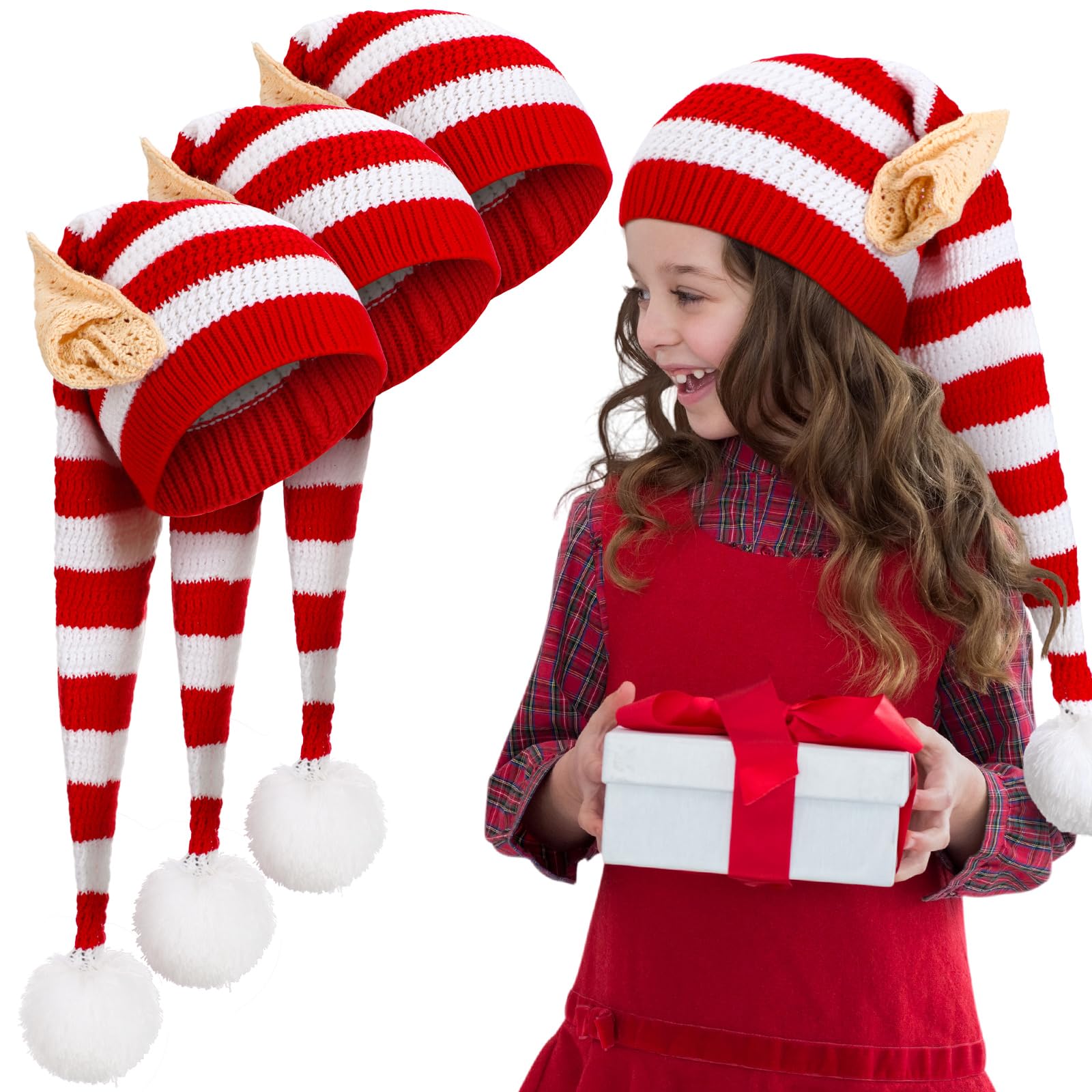 Funtery Christmas Knitted Elf Hats with Ears for Kids & Adults - Warm Crochet Long Santa Beanie Hat - Perfect for Holiday Parties, Elf Costume Accessories & Winter Festive Outfits