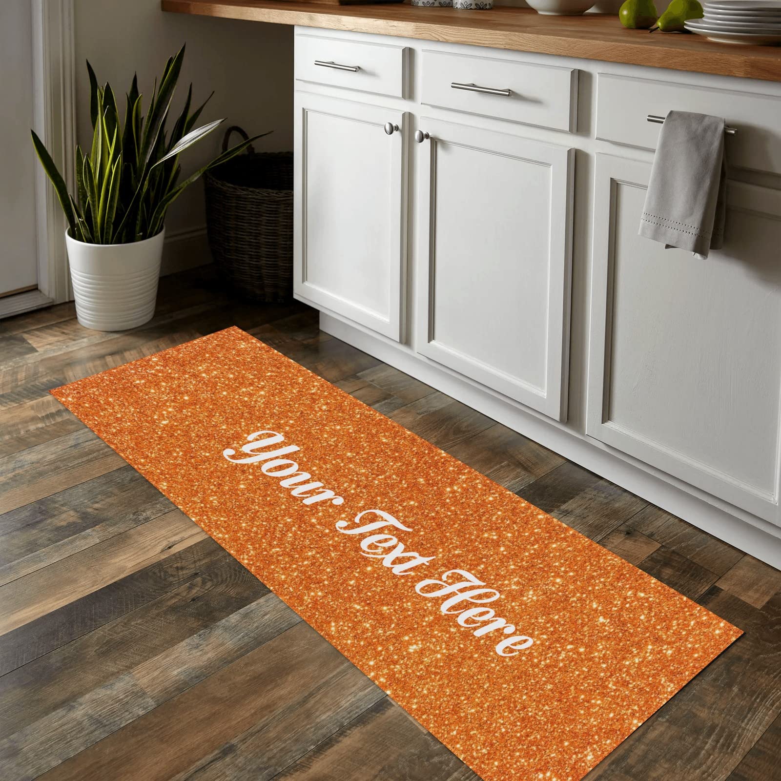 Custom Orange Glitter Anti-Slip Kitchen Mat - Personalized Floor Rug for Home, Office, Laundry & Store, Perfect for Kitchen, Bathroom & Entryway
