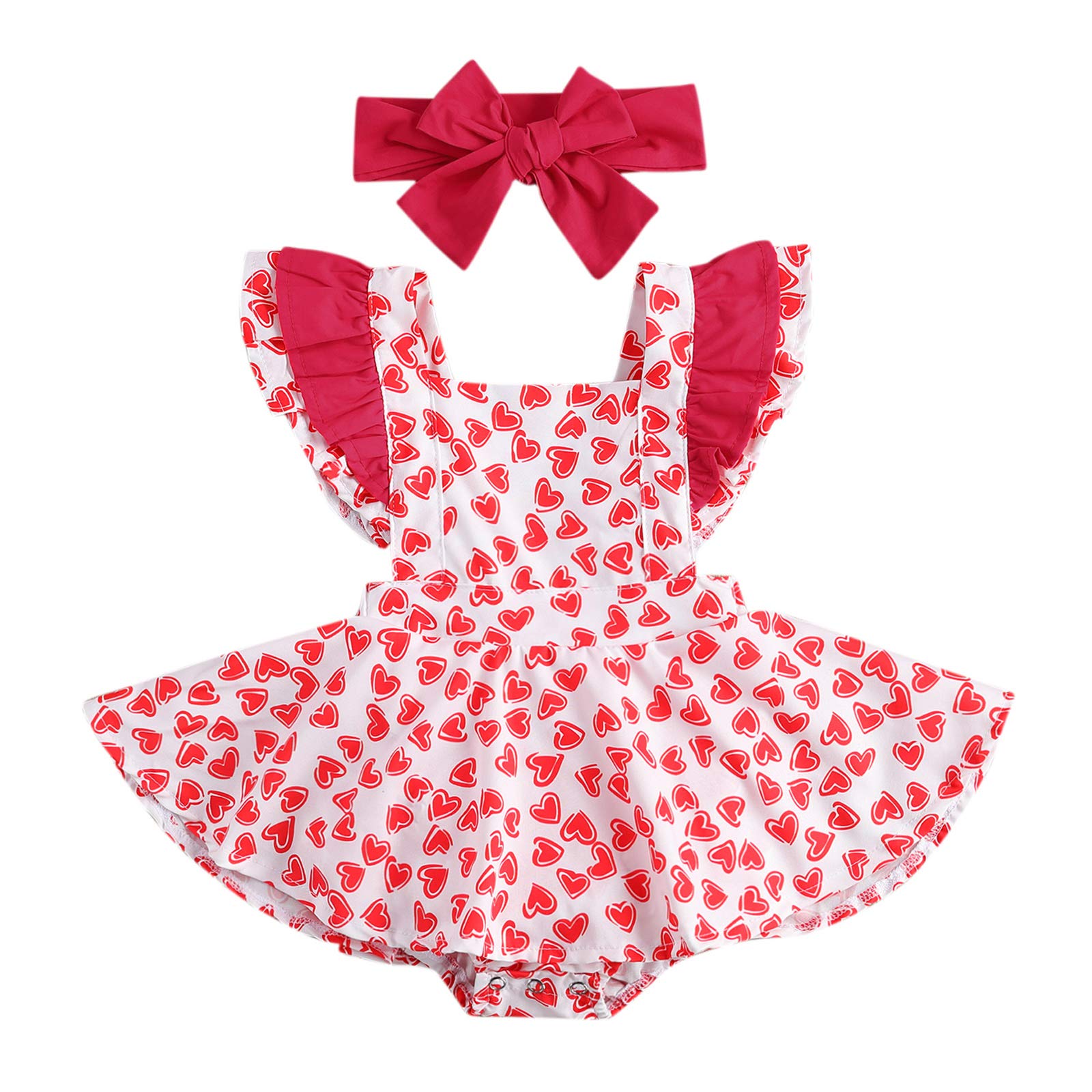 Valentine's Day Baby Girl Romper - Flutter Sleeve Backless Jumpsuit with Heart Print & Headband Set | Cute Sunsuit for Photoshoots, Parties & Special Occasions
