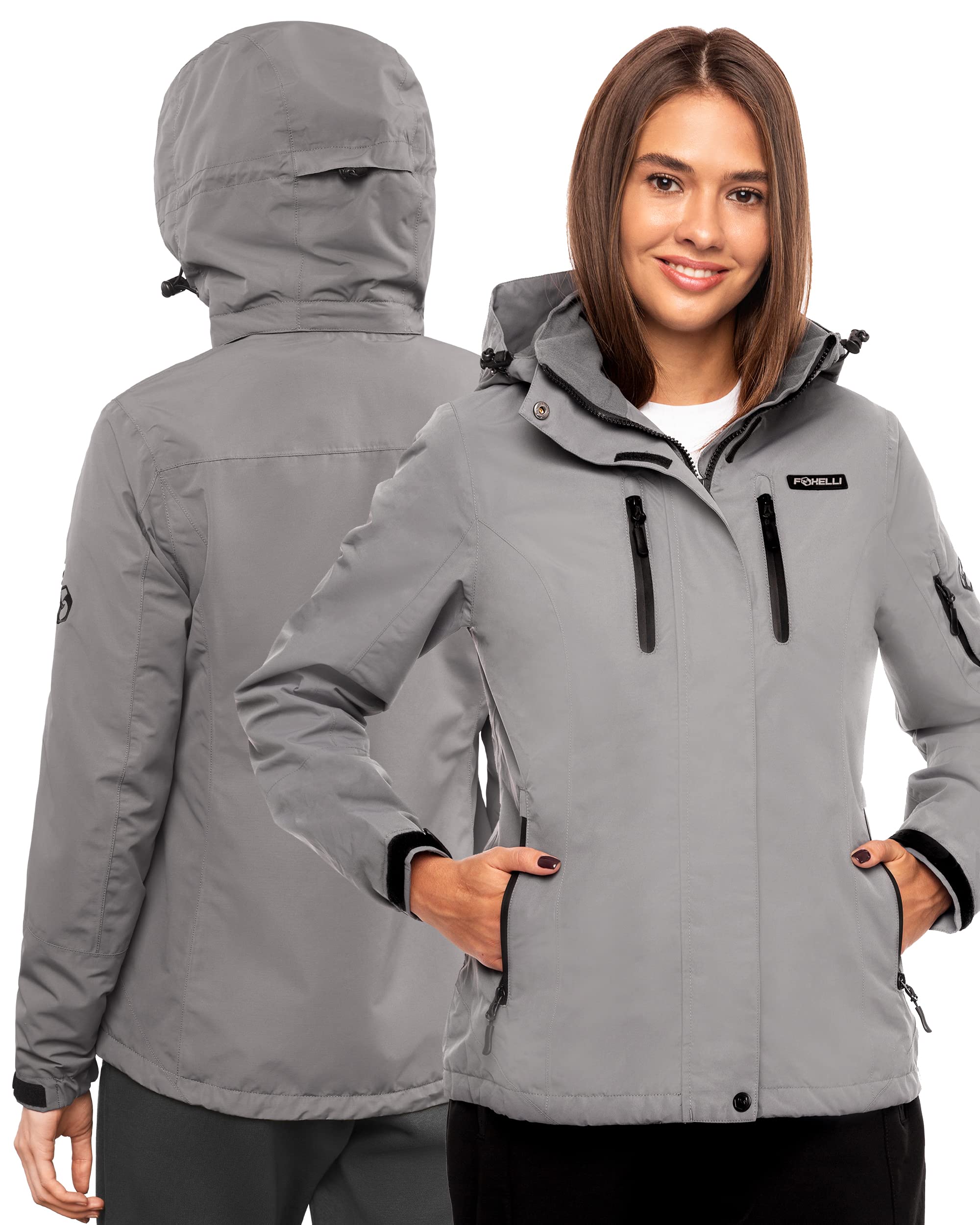 Foxelli Women's Fleece Lined Waterproof Rain Jacket with Hood - Lightweight Windproof Warm Hiking Coat for Outdoor Activities, Camping & Travel