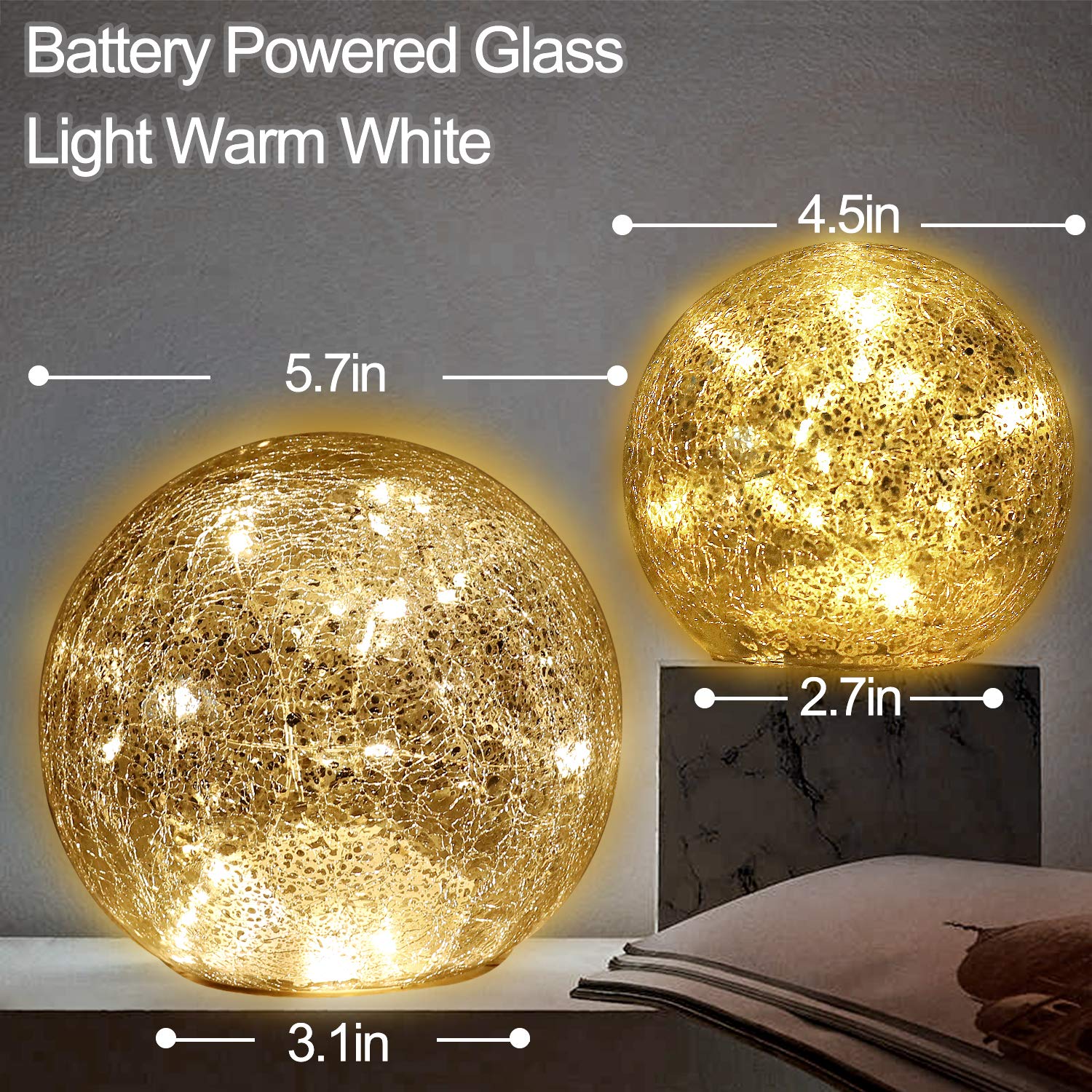 Mercury Crackle LED Glass Globe Ball Lamp - Battery Operated Night Light for Girls, Birthday, Halloween & Christmas Decor - Warm White Decorative Gift for Home, Bedroom, Nursery & Party Decorations