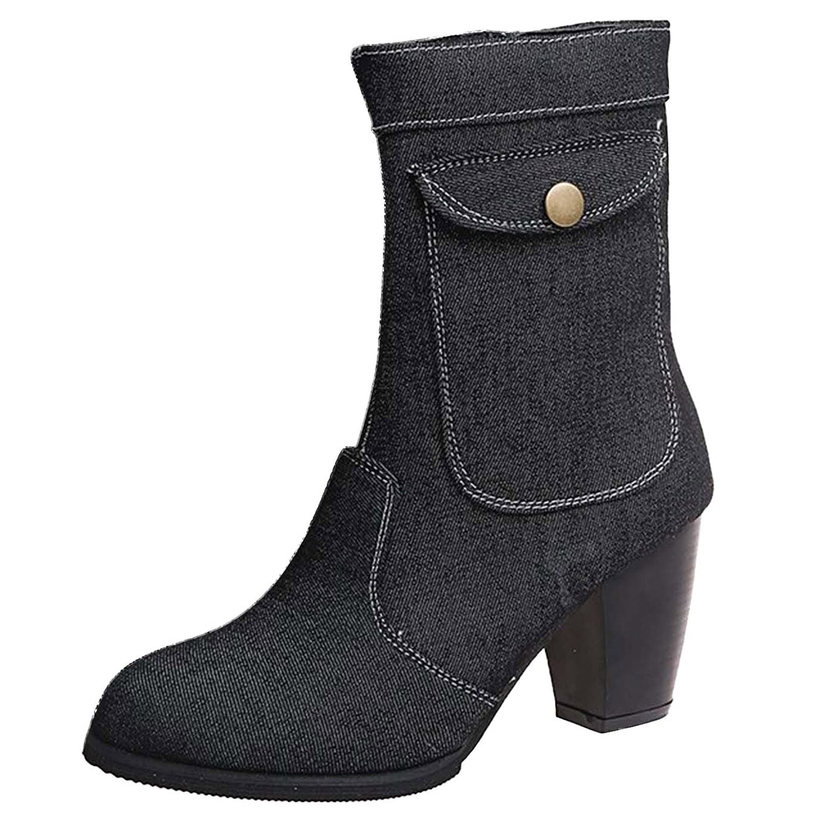 Women's Breathable Kawaii Chunky Zipper Boots - Retro Trendy High Heel Short Boots for Work & Dress Fashion | Comfortable Office Shoes, Casual Outing & Party Wear