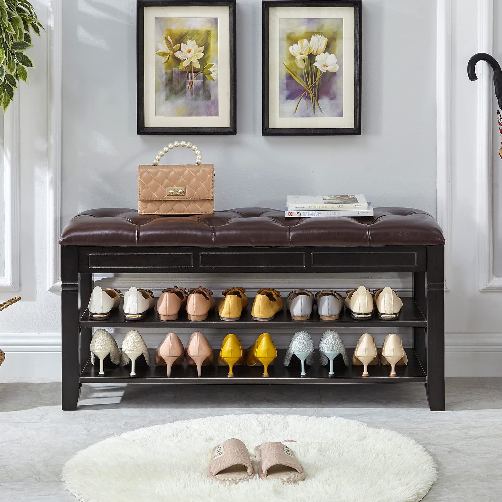 LEILISI 2-Tier Shoe Bench with Storage & Lift Top - 39.4