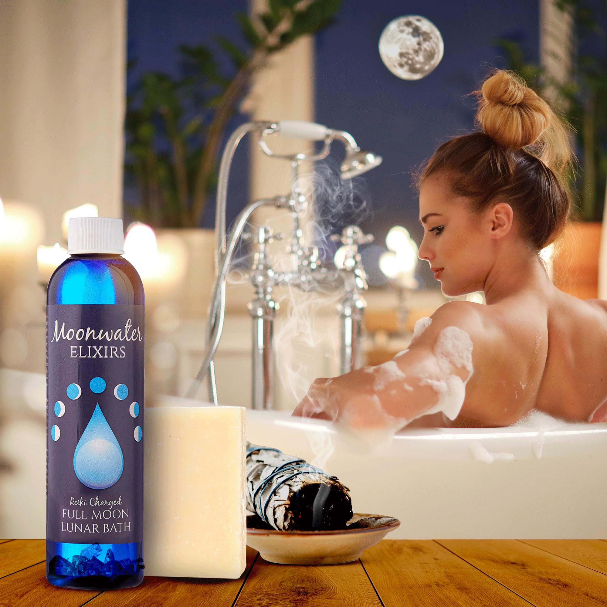 Full Moon Spiritual Bath Kit with Bath Oil, Sage Smudge Stick & Smudge Soap - Energy Cleansing, Aura Purification, Chakra Healing for Relaxation, Manifestation & Meditation | Moon Ritual, Self-Care & Spiritual Detox at Home