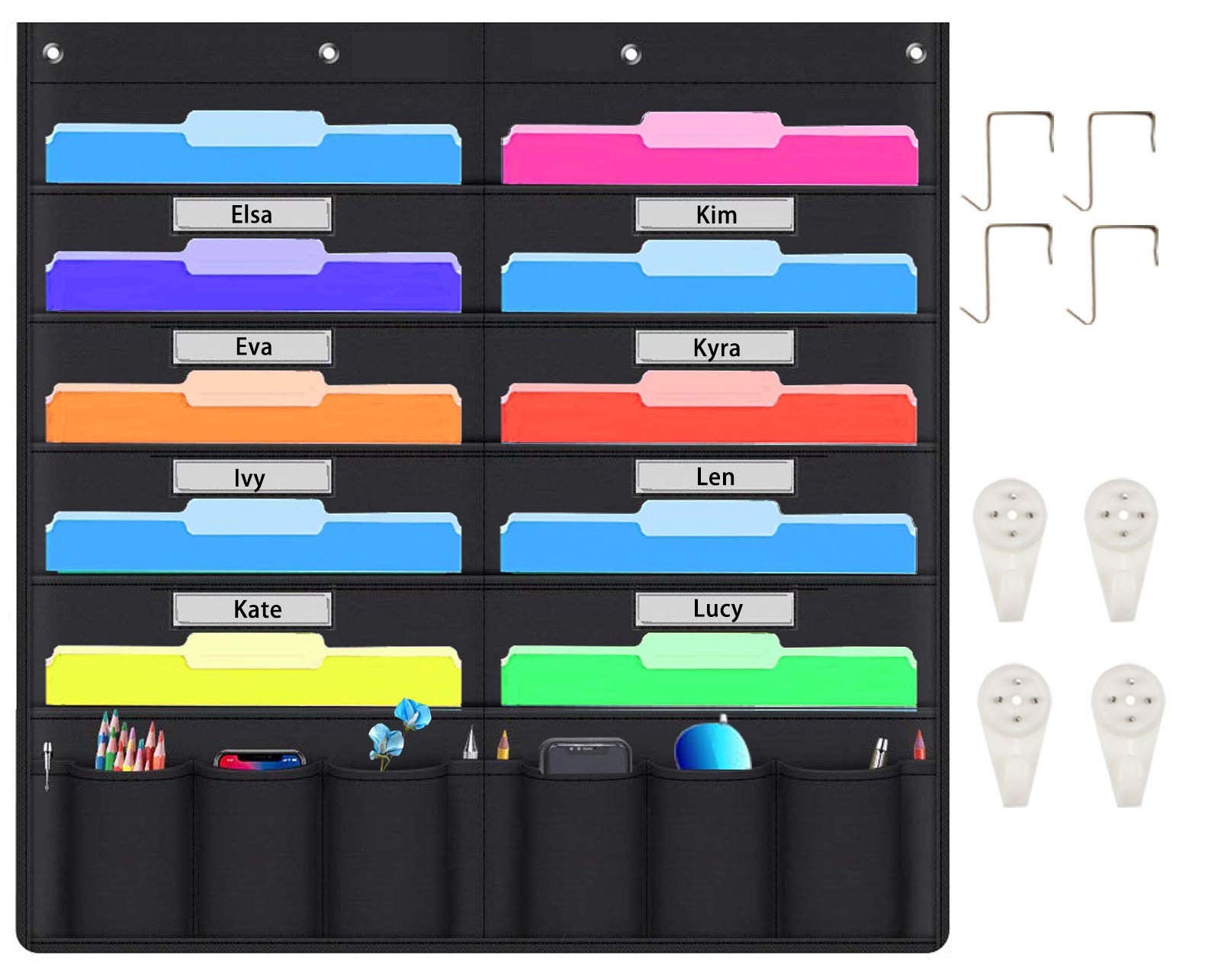 10-Tier Wall Mount Hanging File Organizer with 20 Pockets - Black Rustic File Holder for Desk, Calendar & Expanding Files - Perfect for Home Office, Bathroom & Bedroom Storage & Organization