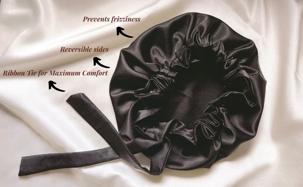 Candibella Reversible Silk Satin Hair Bonnet for Sleeping - Adjustable Satin Sleep Cap for Curly & Natural Hair - Includes Free Scalp Massager & 3 Scrunchies - Perfect for Nighttime Hair Protection & Morning Volume (Black)    **Usage Scenarios:** Ideal for overnight hair care, protecting curls while sleeping, reducing frizz, maintaining hairstyles, and promoting healthy hair growth. Great for travel, home use, and salon treatments.