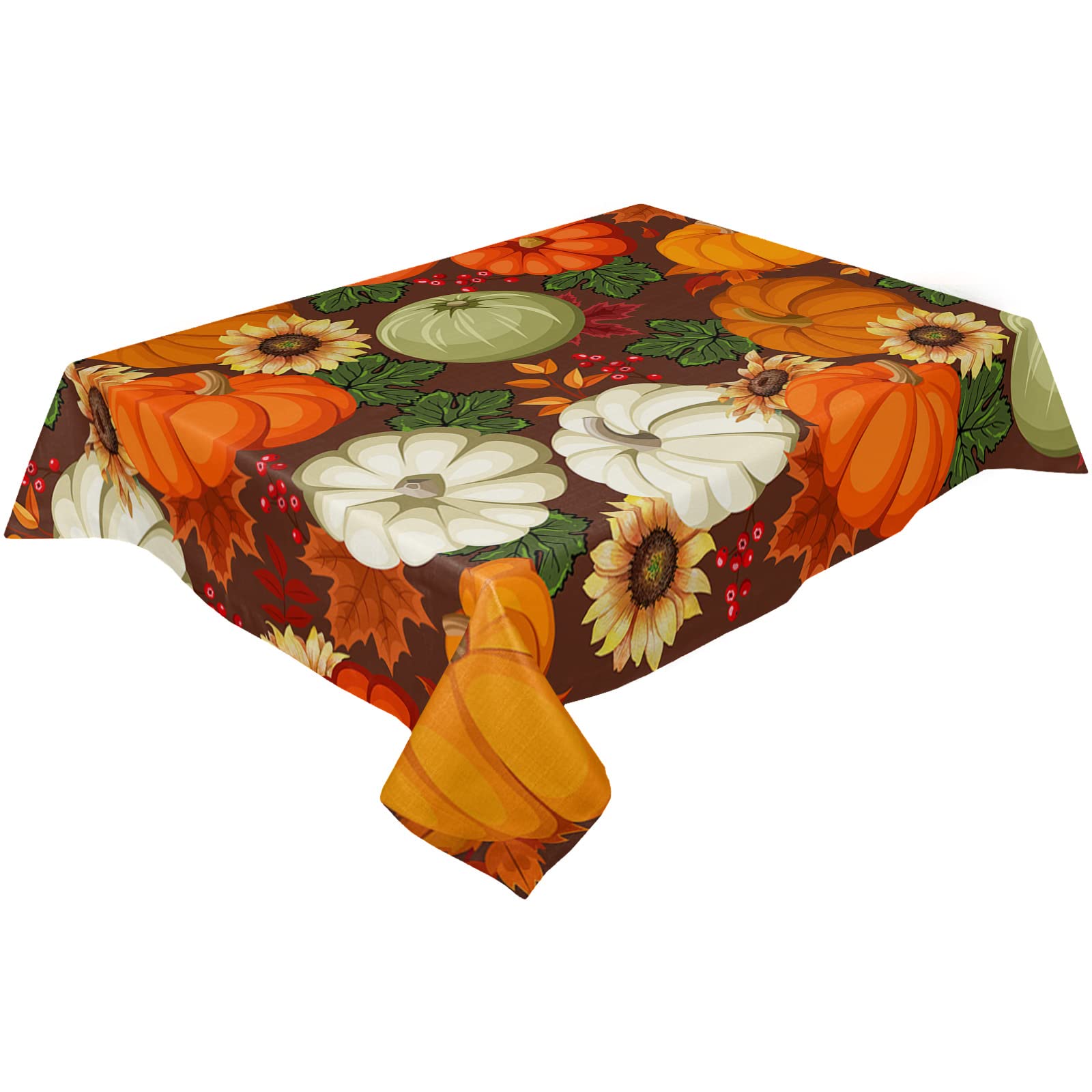 Waterproof & Stainproof Rectangle Orange Brown Pumpkin Tablecloth - Wrinkle-Free, Wipeable Thanksgiving Fall Decor with Sunflower Leaves for Round, Oval, Dining, Party & Wedding Tables | Perfect for Autumn Gatherings, Holiday Dinners & Seasonal Home Decor