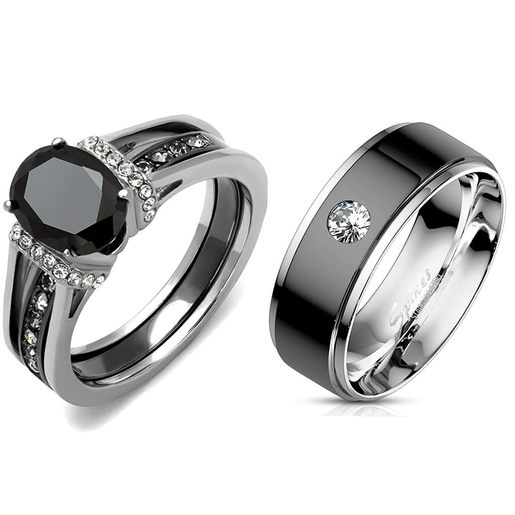 Black Oval CZ Promise Ring Set for Couples - Women's & Men's Bezel Set Wedding Bands - Perfect for Anniversaries, Engagements & Romantic Gifts