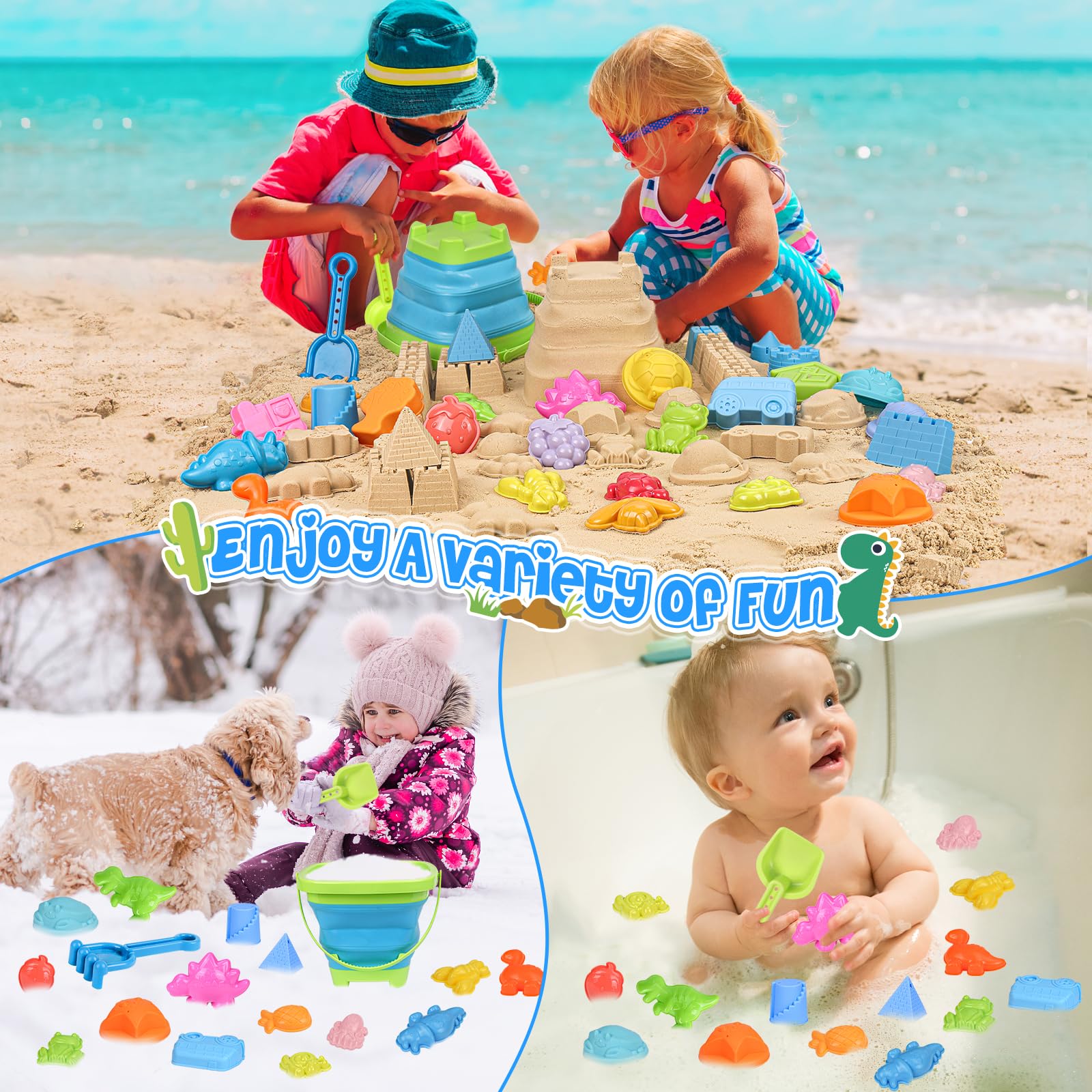 Collapsible Beach Sand Toys Set for Toddlers & Kids - Bucket, Shovels & Cute Molds with Mesh Storage Bag - Perfect for Beach, Sandbox & Outdoor Play Ages 3-10 - Great Summer Travel Toys for Boys & Girls