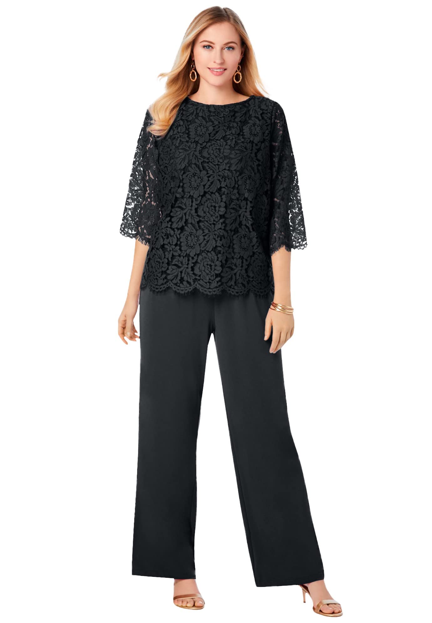 Jessica London Women's Plus Size Popover Elastic Waist Wide Leg Lace Jumpsuit - Comfortable & Stylish Casual Outfit for Work, Party & Special Occasions