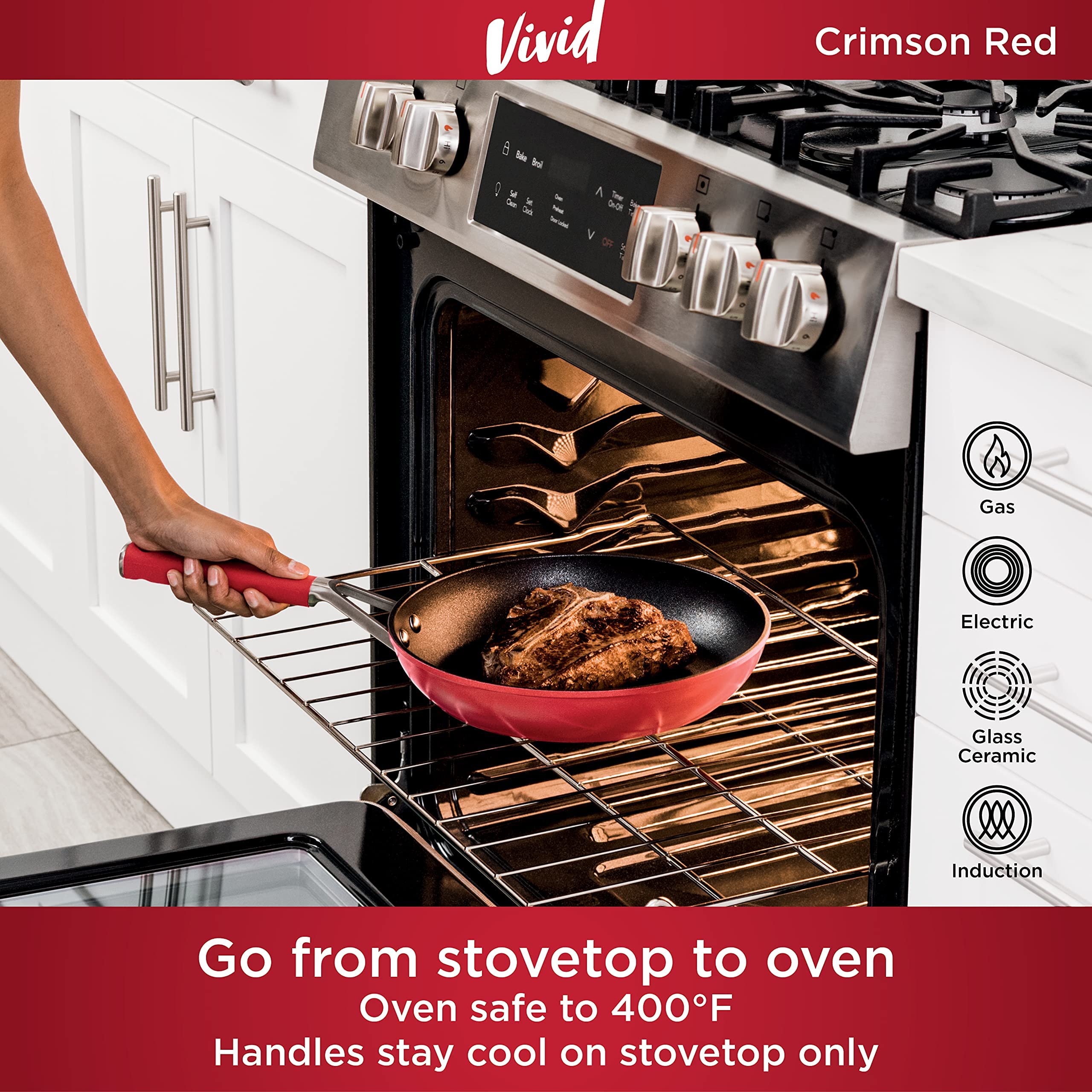 Ninja C28000 Foodi NeverStick Vivid 8-Piece Nonstick Cookware Set with Lids - Durable, Oven Safe to 400°F, Cool-Touch Handles, Crimson Red - Perfect for Frying, Sautéing, Baking & Everyday Cooking