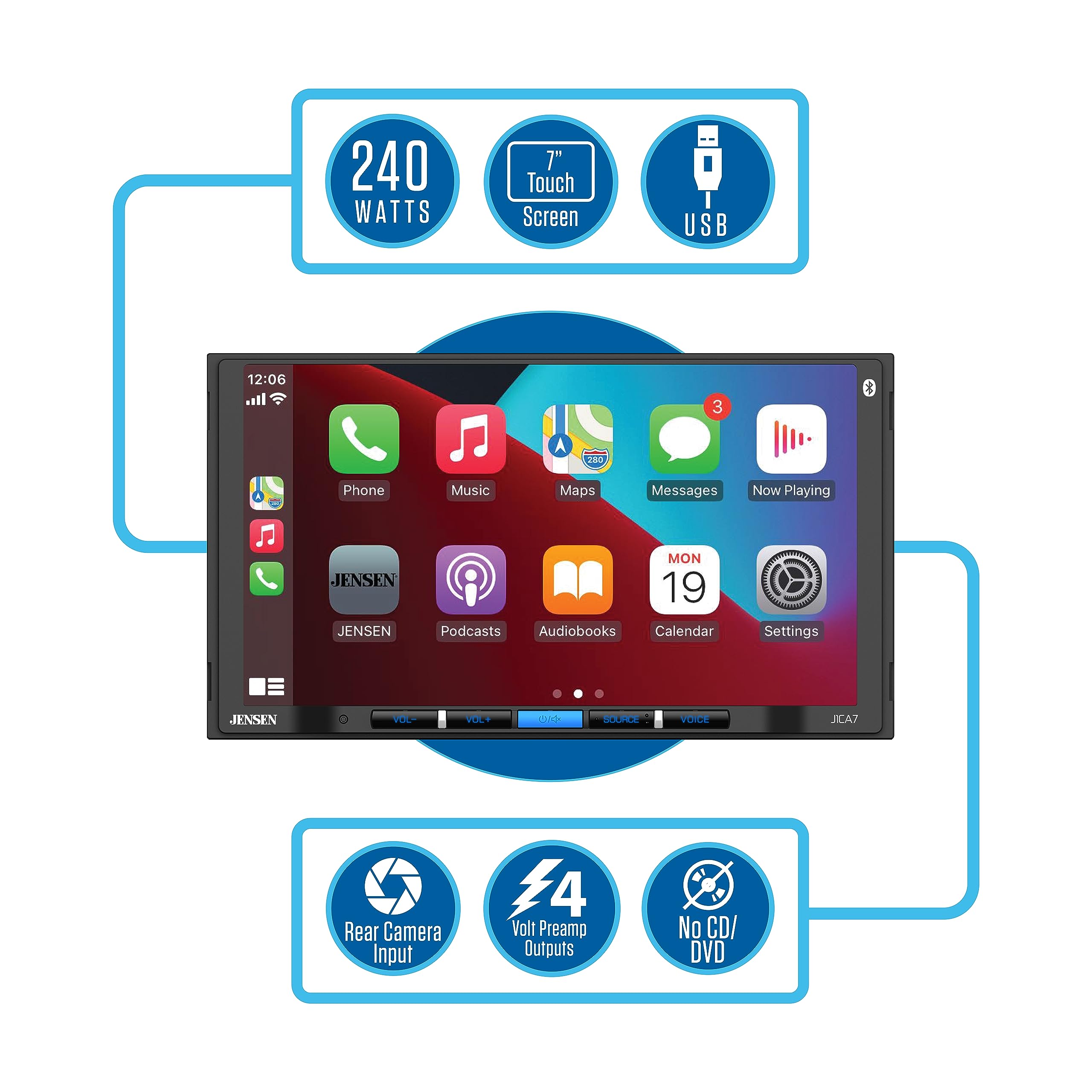 JENSEN J1CA7 7-inch Apple CarPlay & Android Auto Double DIN Touchscreen Car Stereo - Bluetooth Hands-Free Calling, Music Streaming, Backup Camera Input, USB Playback & Charging - Perfect for Road Trips & Daily Commutes