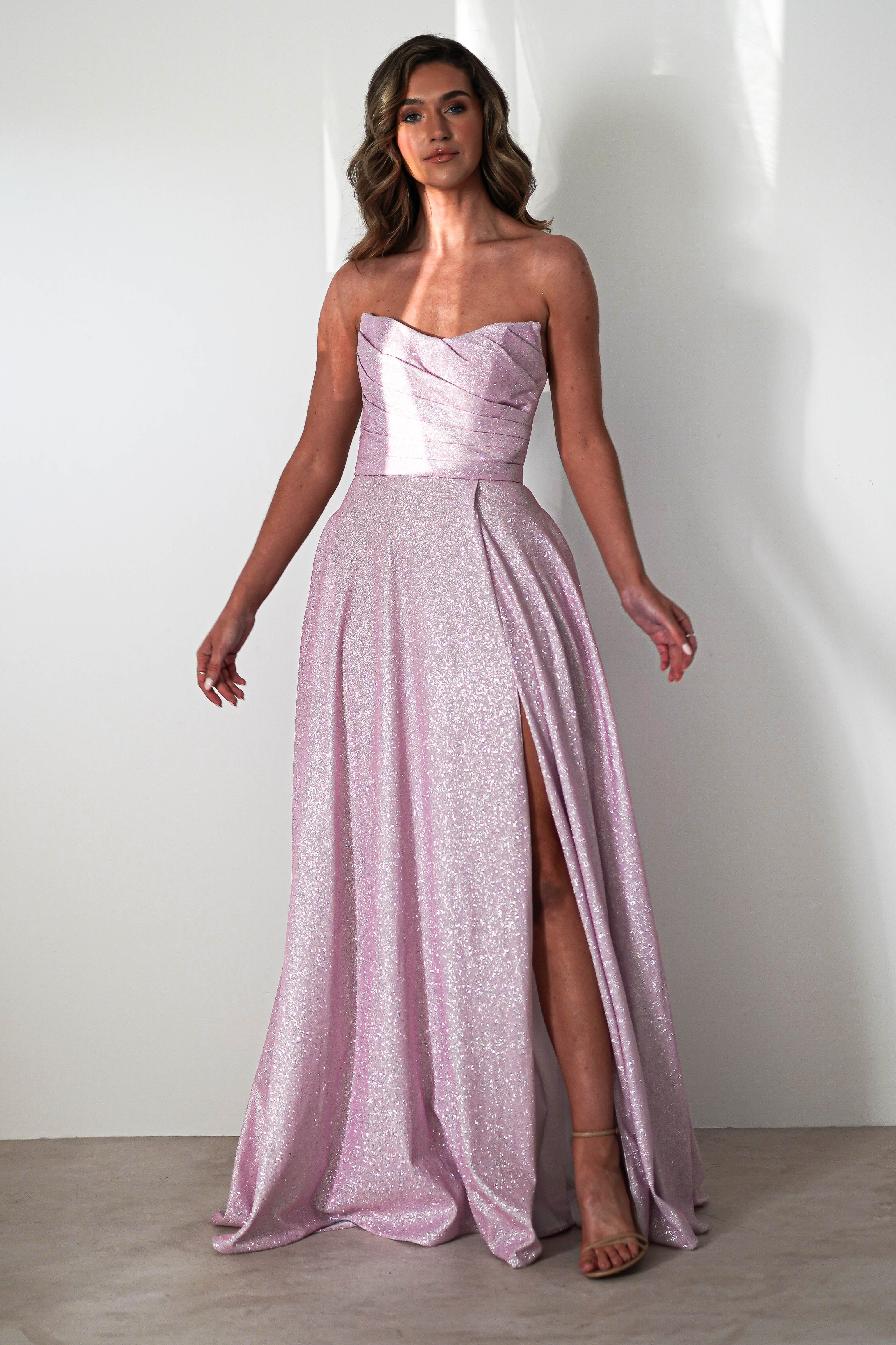 Strapless Glitter A-Line Gown for Women - Elegant Pink Prom Dress for Evening Party, Wedding Guest, Homecoming, Special Occasions