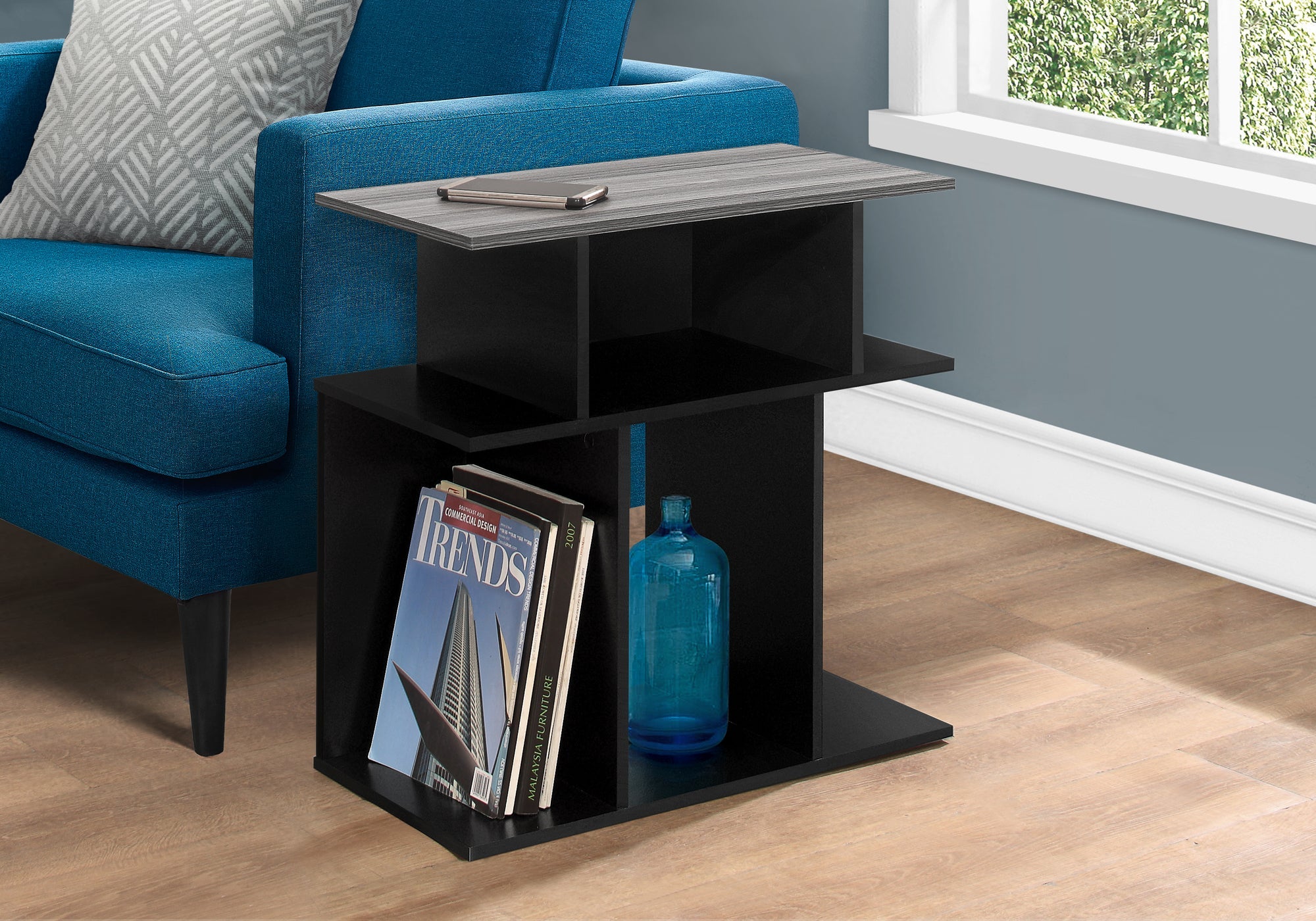 Modern Accent Table with Black Frame and Grey Top - 24 Inch Side Table for Living Room, Bedroom, or Office Decor
