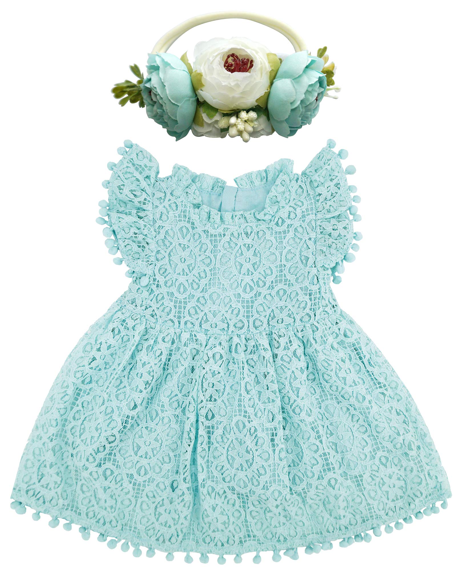 BGFKS Baby Girl Tutu Dress with Elegant Lace & Pom Pom Trim, Flutter Sleeve Outfit + Flower Headband Set | Perfect for Birthday Parties, Photo Shoots & Special Occasions