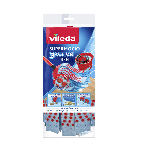 Vileda SuperMocio 3 Action Mop with Extendable Handle - Heavy Duty Floor Cleaning for Hardwood, Tile & Laminate - Perfect for Home, Kitchen & Bathroom Cleaning
