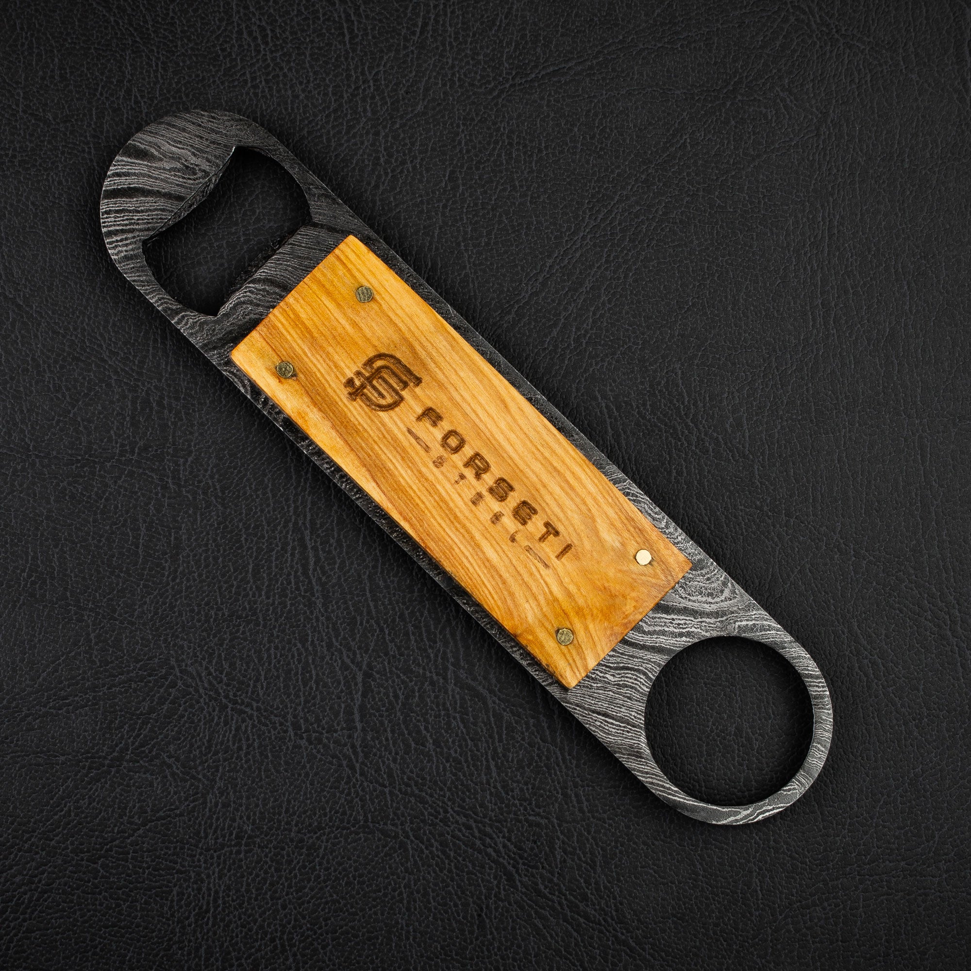 Premium Damascus Steel Bottle Opener with Olive Wood Handle - Sommelier Grade Wine Tool for Home, Bar & Outdoor Entertaining (BLEM)
