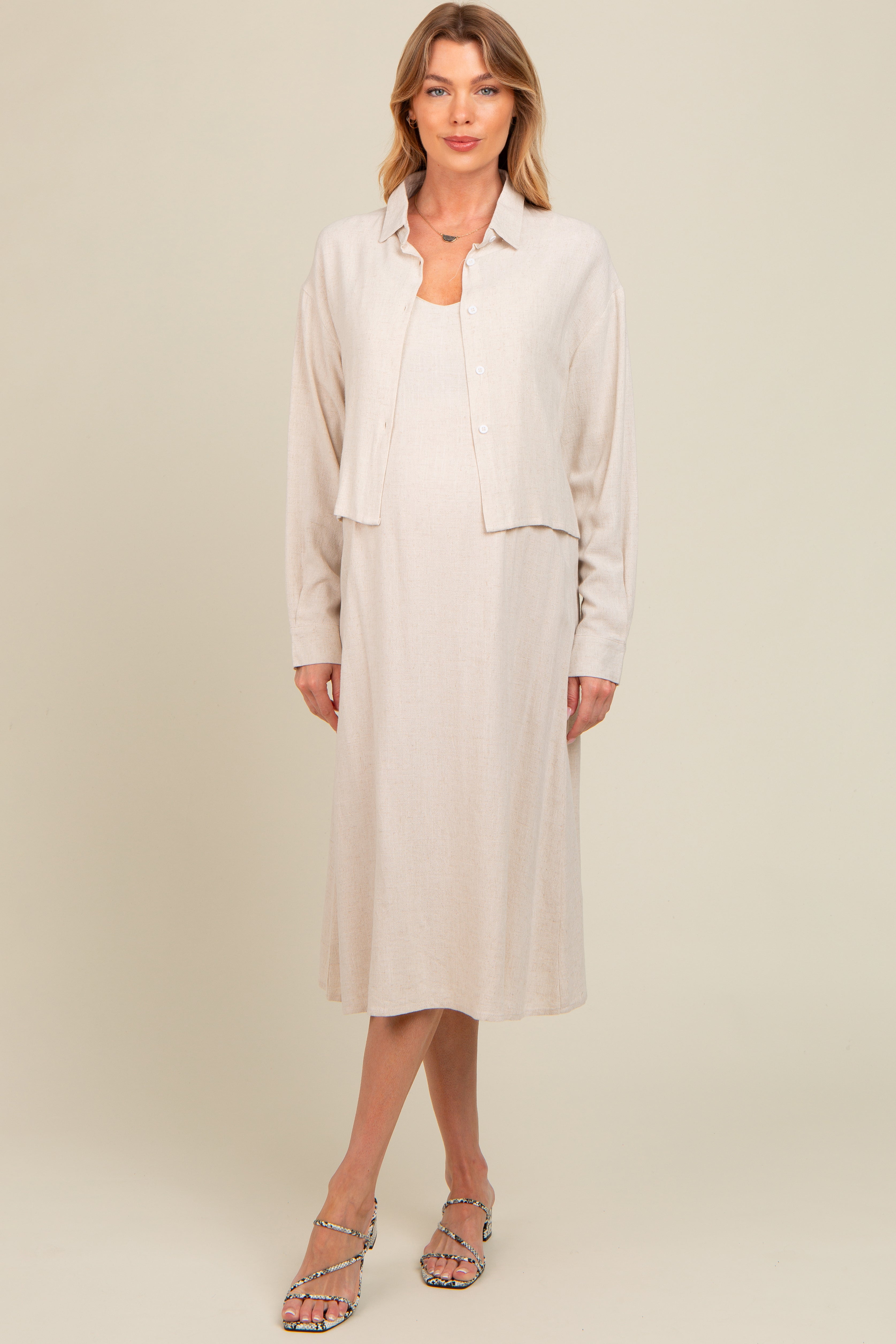 Beige Linen Cropped Shirt & Midi Dress Maternity Set - Comfortable Summer Outfit for Pregnancy, Nursing, and Casual Wear