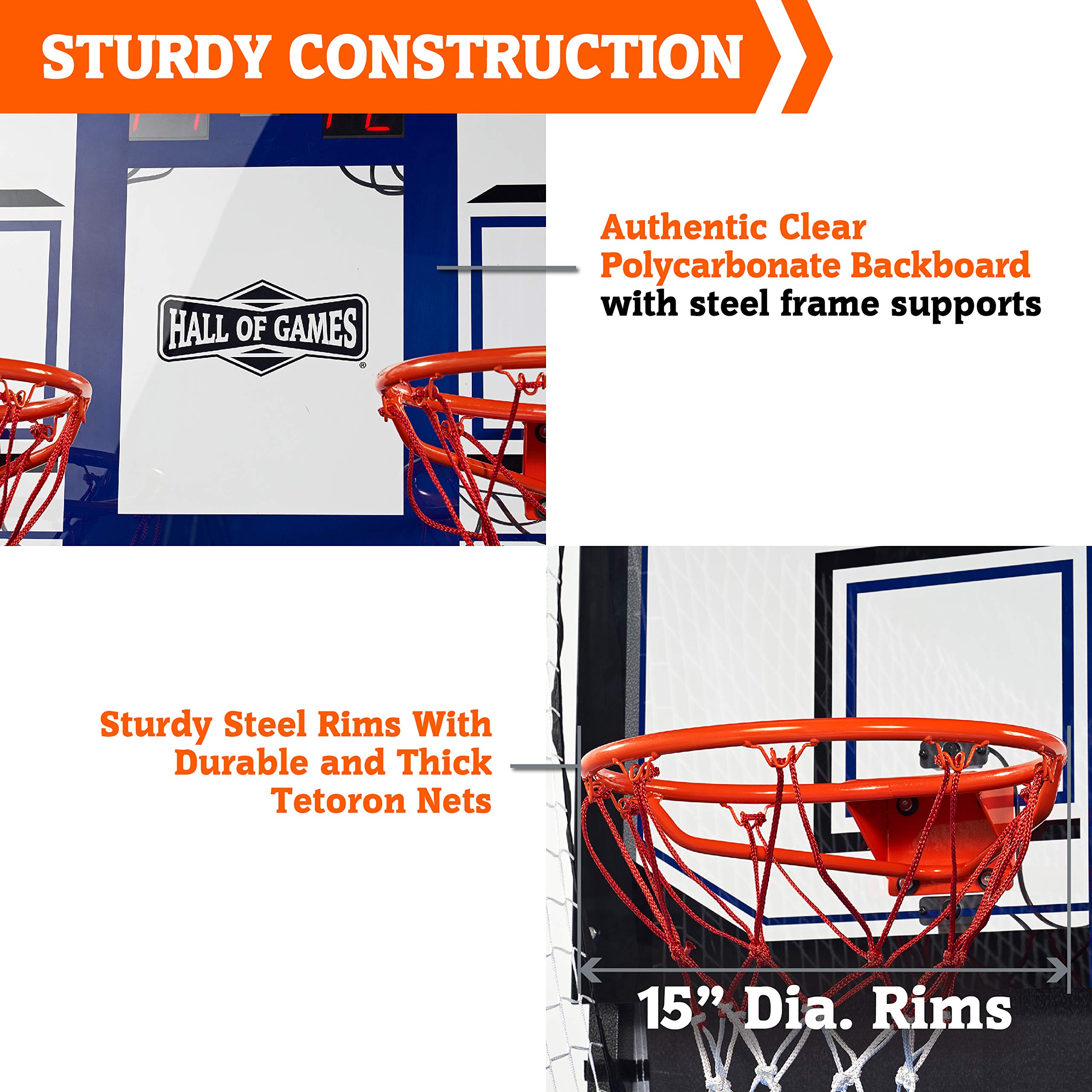 Hall of Games Premium Arcade Cage Basketball Game - Steel Frame & Polycarbonate Backboard, Dual Shot LED Scoring with 6 Size 8.5 Inch Basketballs - Perfect for Indoor Sports, Game Rooms & Family Fun