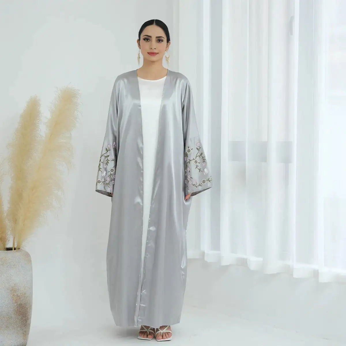 Elegant Floral Embroidery Satin Cardigan Abaya Dress - Lightweight Open Front Kimono Cover Up for Women - Perfect for Prayer, Mosque, Wedding & Special Occasions