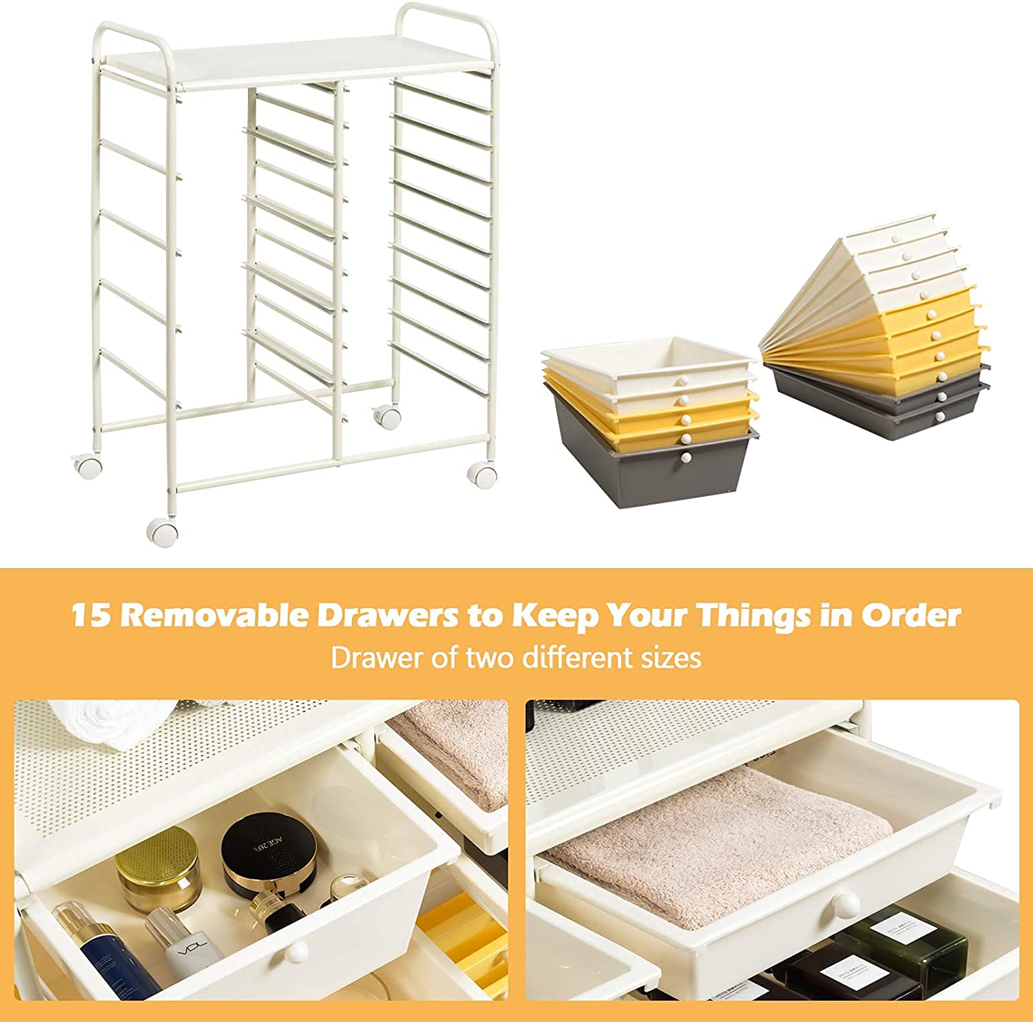 Giantex 15-Drawer Rolling Storage Cart - Plastic Organizer for Tools, Scrapbook Paper & Craft Supplies - Multi-Purpose Utility Cart with Wheels (Yellow) - Perfect for Home Office, Craft Room & Garage Organization