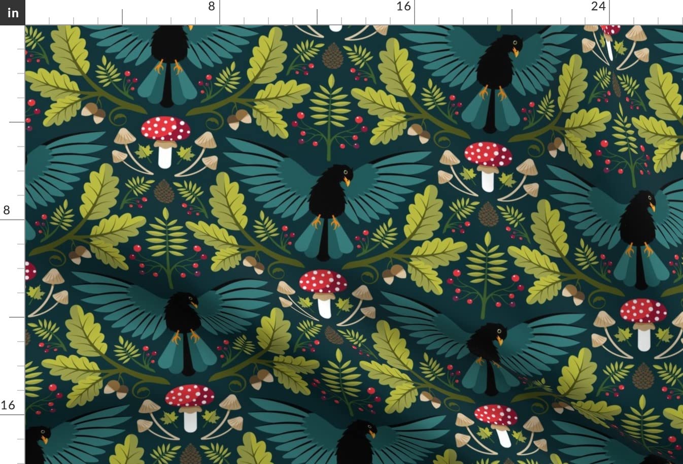 Mushroom and Blackbird Printed Satin Fabric Fat Quarter - Premium Sewing Material for Apparel, Lining, Fashion, Blankets & Home Decor - DIY Craft Projects & Quilting