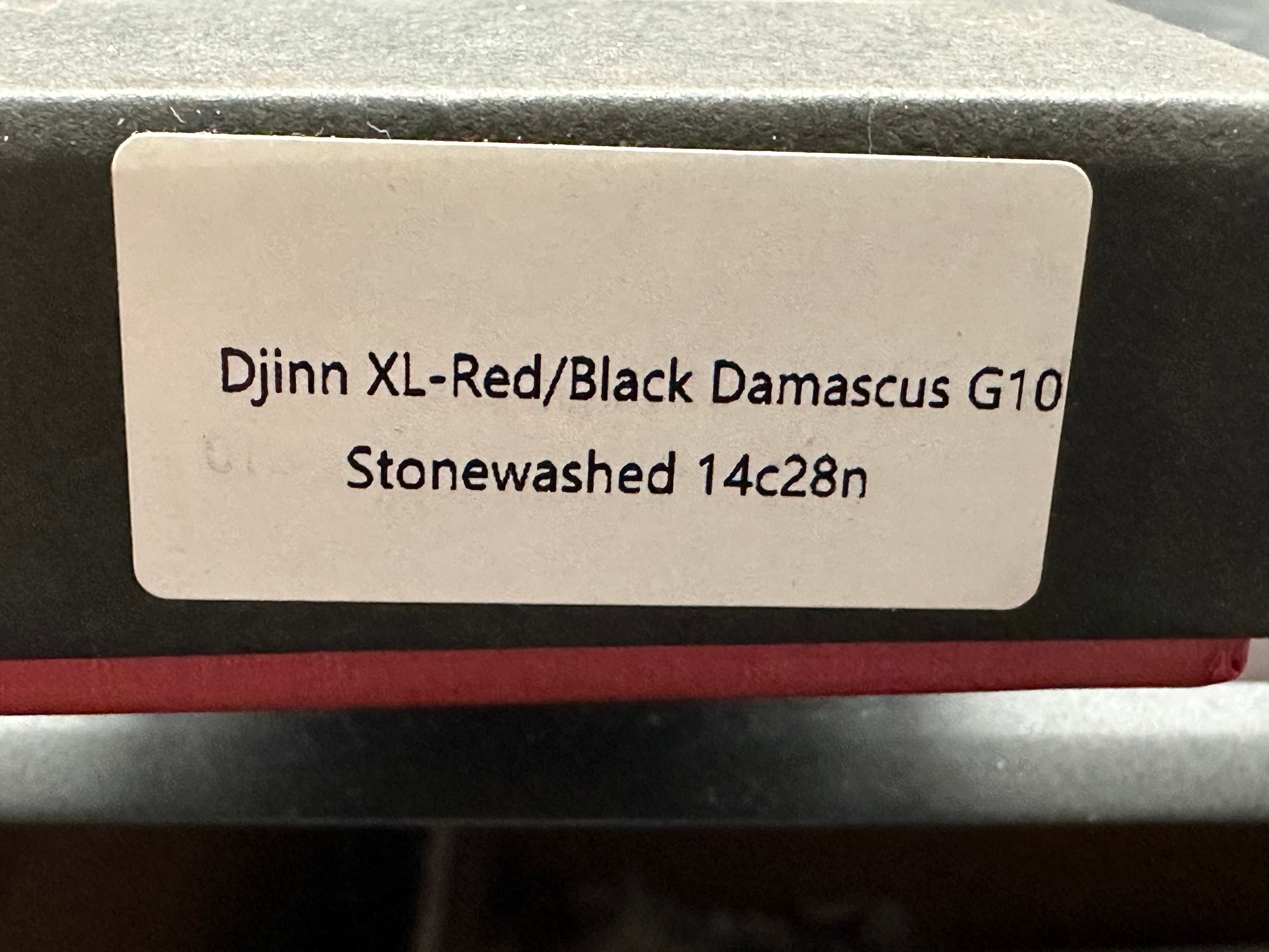 Damned Designs Djinn XL Liner Lock Folding Knife - Red/Black Damascus Steel Blade, 3.5
