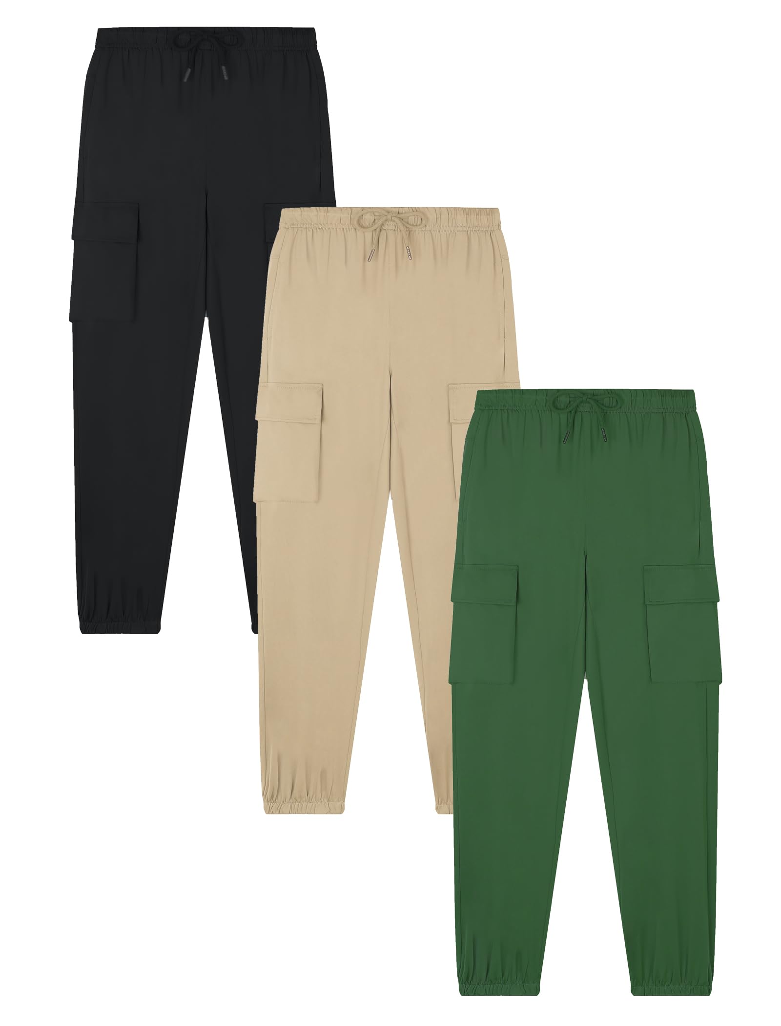 EXARUS 3 Pack Boys Cargo Joggers - Lightweight Quick-Dry Hiking Pants with Drawstring Elastic Waist for Kids 6-14 Years | Perfect for Outdoor Adventures, Sports & Casual Wear