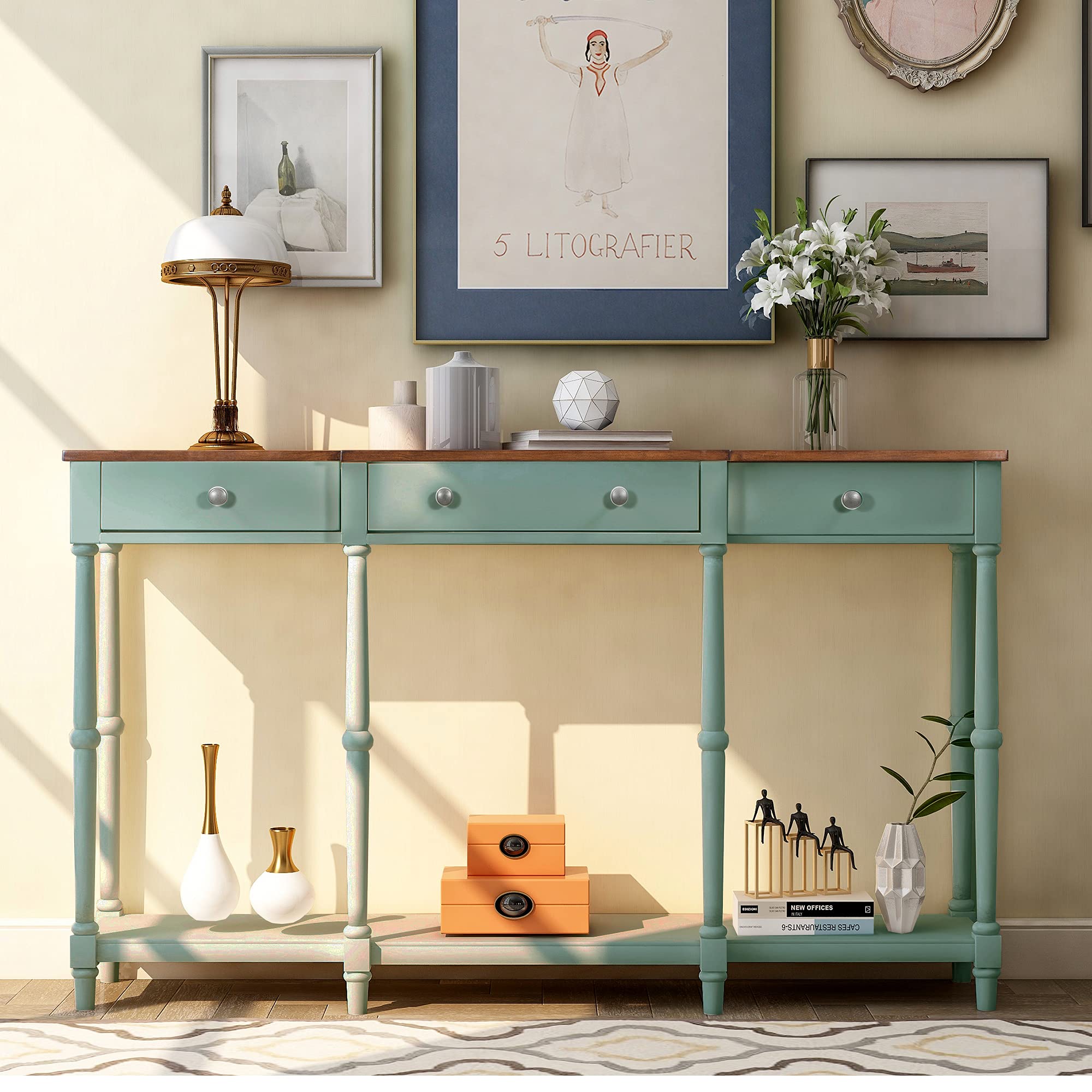 Solid Wood Console Table Sofa Table - Classic Entryway Table with Storage Shelf & Drawer for Living Room, Hallway, Bedroom - Narrow Accent Table Furniture in Green & Brown - Perfect for Small Spaces, Home Decor, and Entryway Organization