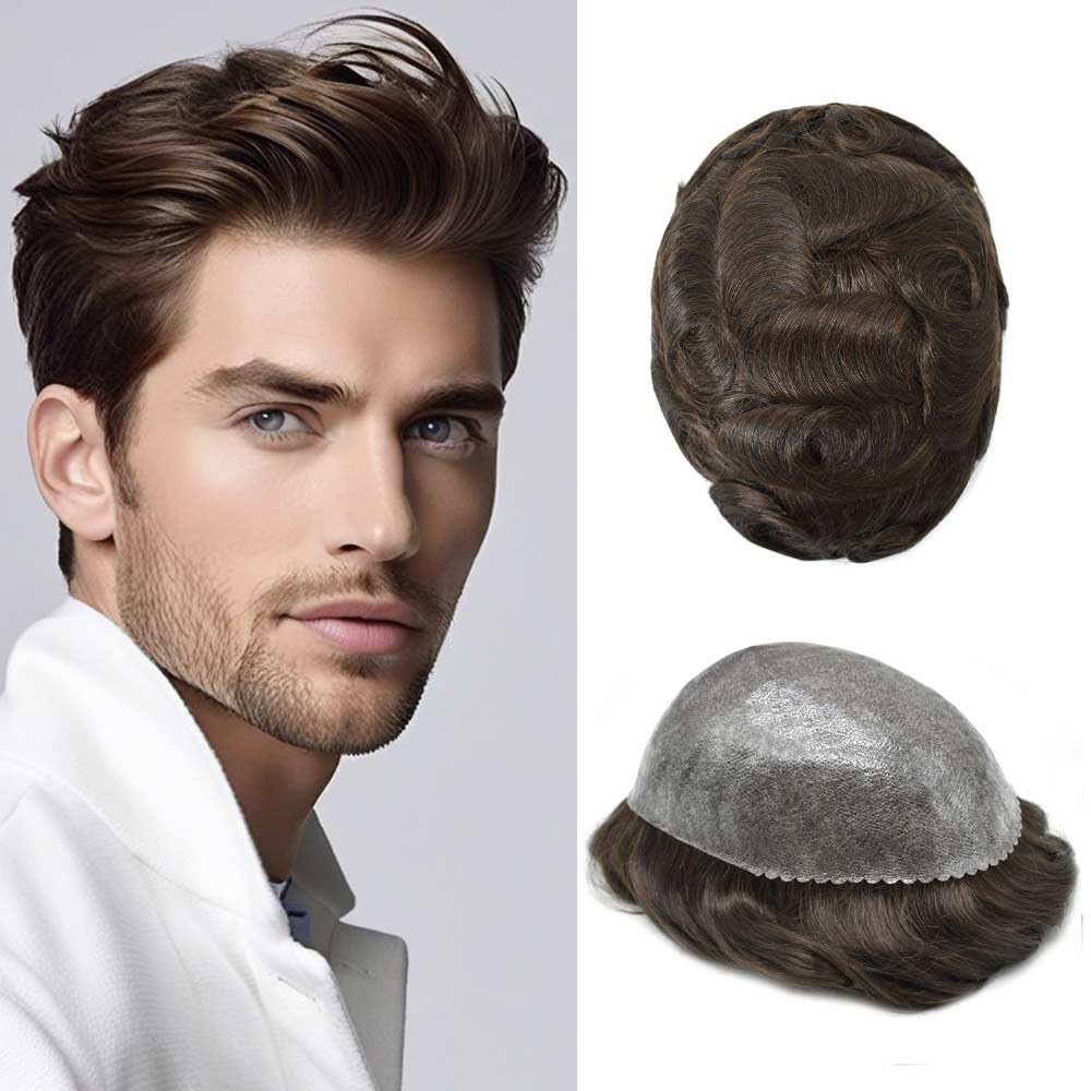 Men's Human Hair Toupee Replacement System - Thin Skin All Poly Hairpiece with Injection Skin PU - Natural Looking Wig for Male Hair Loss (#3 Dark Brown, 120% Medium Light to Medium Density) - Perfect for Daily Wear, Special Occasions & Confidence Boost