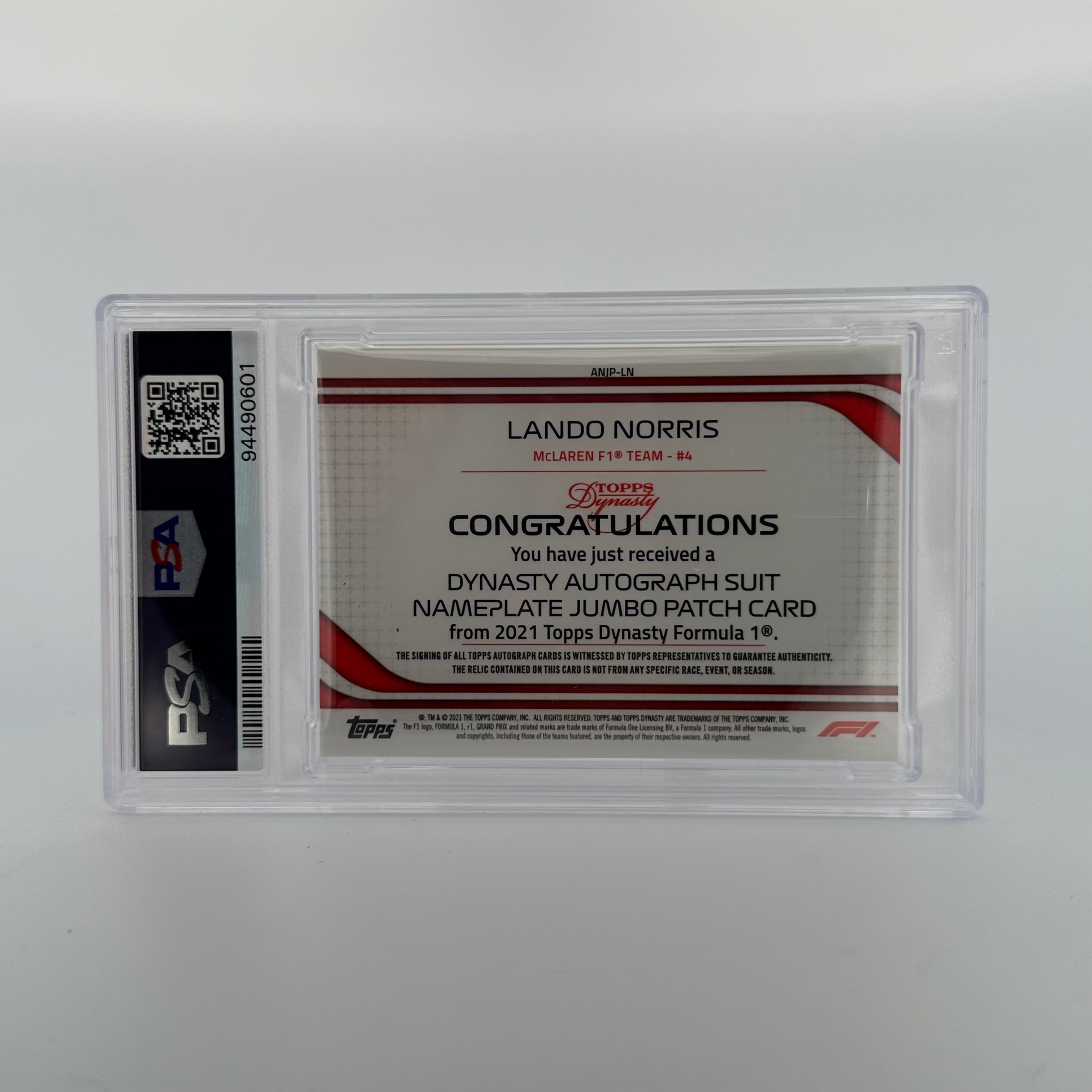 PSA 10 Lando Norris 2021 Dynasty #ANJP LN Autograph Suit Nameplate Jumbo Patch - Perfect for F1 Collectors and Motorsport Memorabilia Enthusiasts