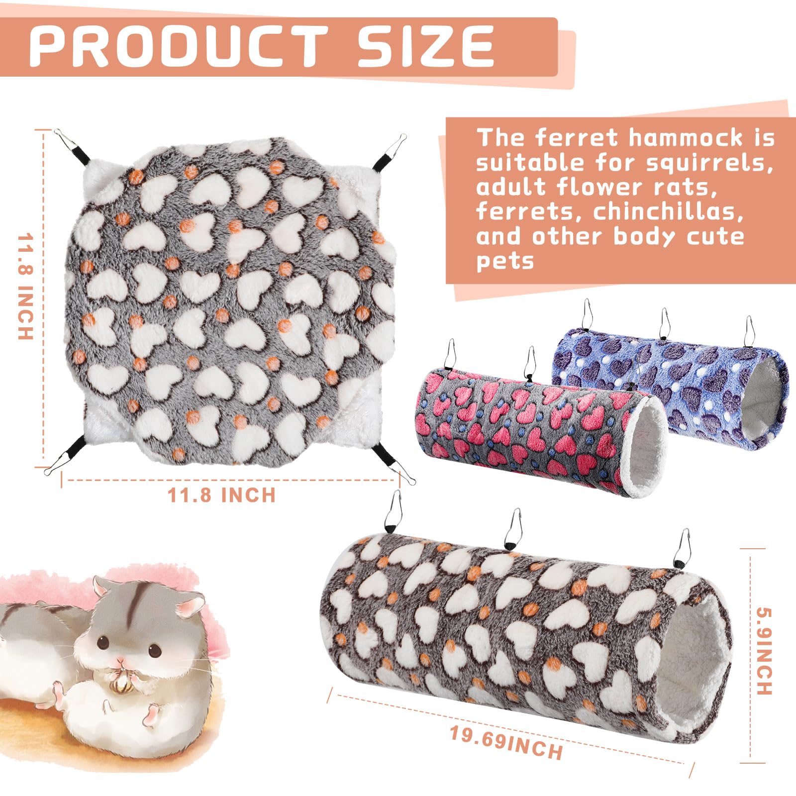 Sweetude 6-Piece Rat Hammocks Set - Ferret Hanging Tunnel & Sugar Glider Toy - Small Animal Hideout Bed for Cage - Guinea Pig, Hamster Accessories - Perfect for Playtime, Resting & Cage Enrichment (Cute Design)