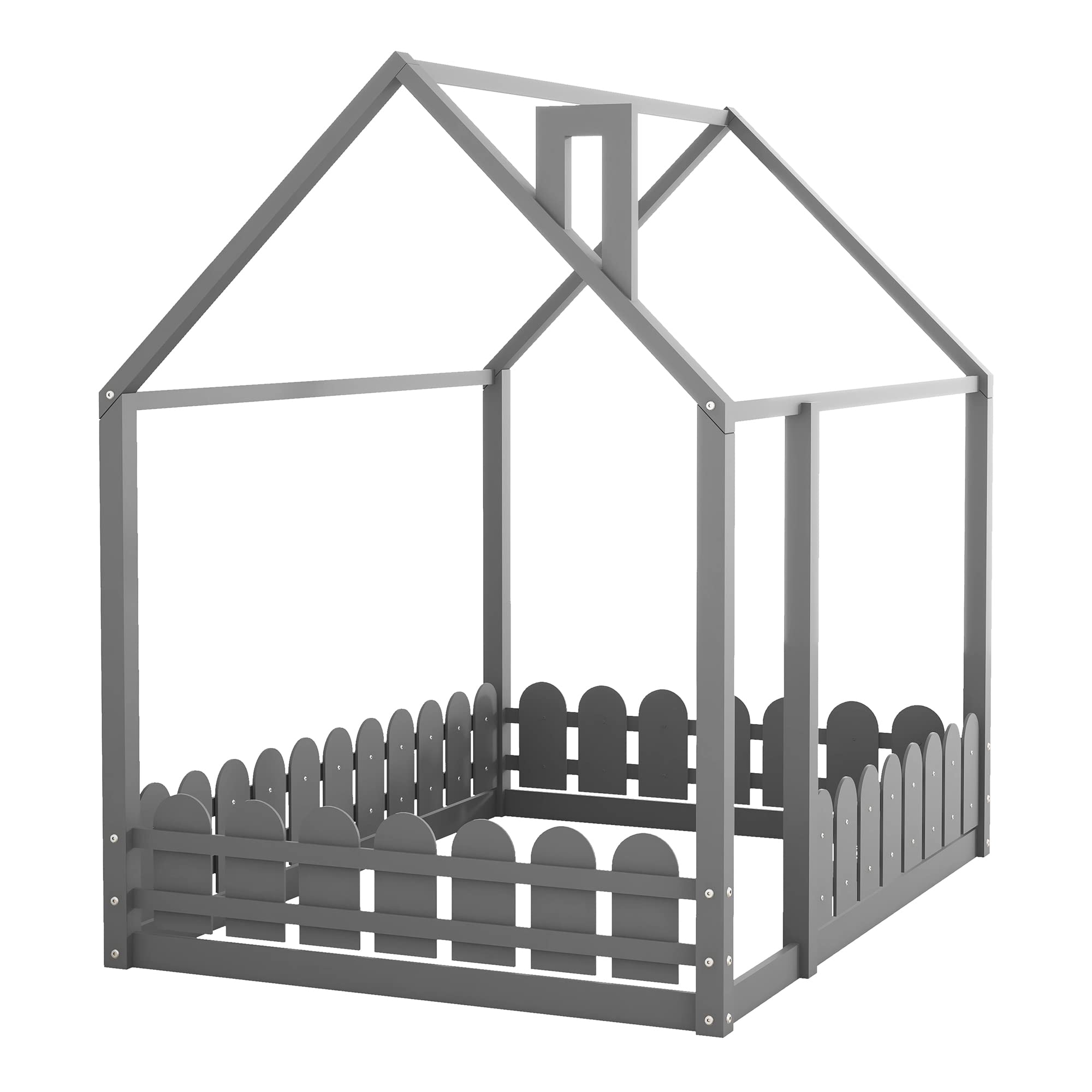 LZ LEISURE ZONE Full Size Wooden Bed Frame with Roof & Fence - Gray Floor Bed for Kids, Teens & Adults - Perfect for Montessori, Small Spaces & Cozy Bedrooms
